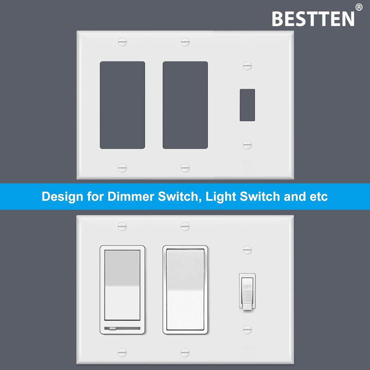 image2 Pack BESTTEN 3Gang Combination Wall Plate 2Decor 1Toggle Standard Size Unbreakable Polycarbonate Outlet and Switch Cover White