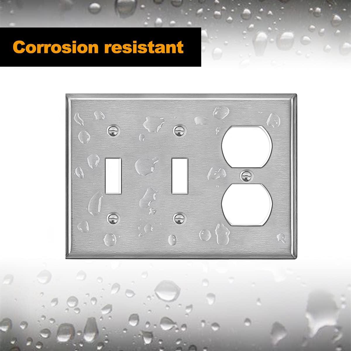 image2 Pack BESTTEN 3Gang Combo Metal Wall Plate with Protective Film 1Duplex2Toggle Standard Size CorrosionResistant Stainless Steel Outlet and Switch Cover Brushed Finish Silver