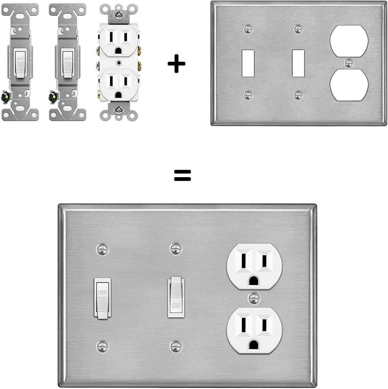 image2 Pack BESTTEN 3Gang Combo Metal Wall Plate with Protective Film 1Duplex2Toggle Standard Size CorrosionResistant Stainless Steel Outlet and Switch Cover Brushed Finish Silver