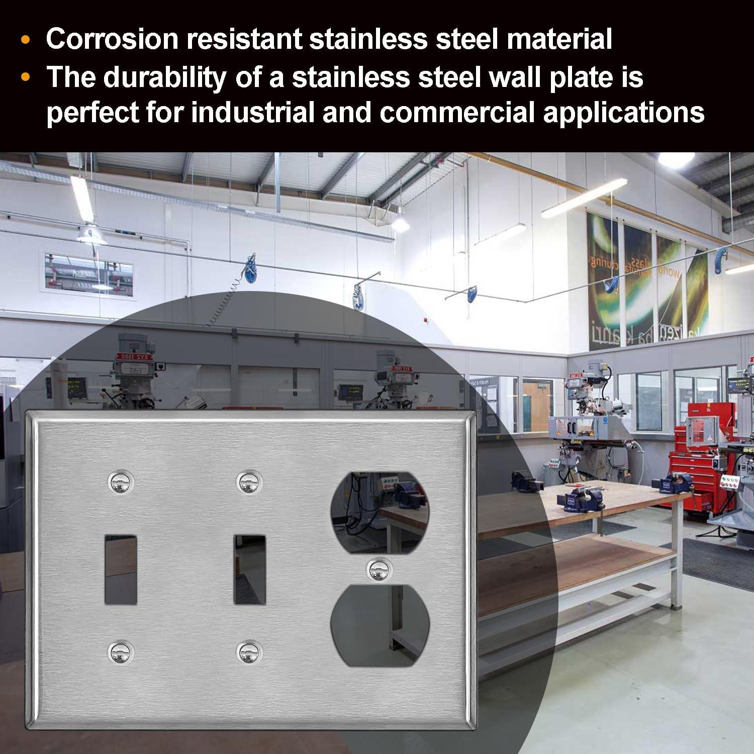 image2 Pack BESTTEN 3Gang Combo Metal Wall Plate with Protective Film 1Duplex2Toggle Standard Size CorrosionResistant Stainless Steel Outlet and Switch Cover Brushed Finish Silver