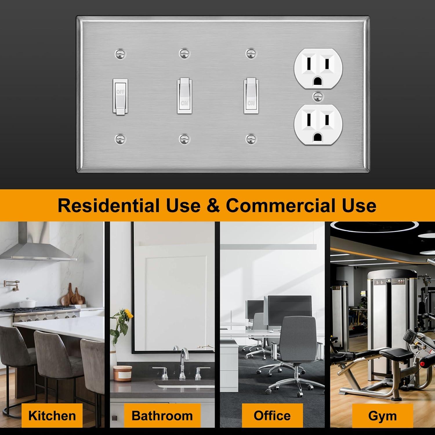 image2 Pack BESTTEN 4Gang Combo Metal Wall Plate with Protective Film 1Duplex3Toggle Standard Size CorrosionResistant Stainless Steel Outlet and Switch Cover Brushed Finish Silver