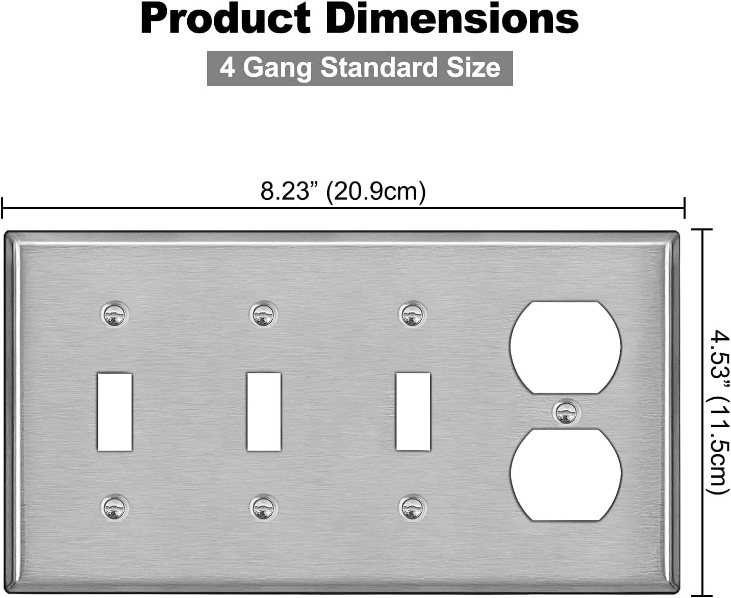 image2 Pack BESTTEN 4Gang Combo Metal Wall Plate with Protective Film 1Duplex3Toggle Standard Size CorrosionResistant Stainless Steel Outlet and Switch Cover Brushed Finish Silver