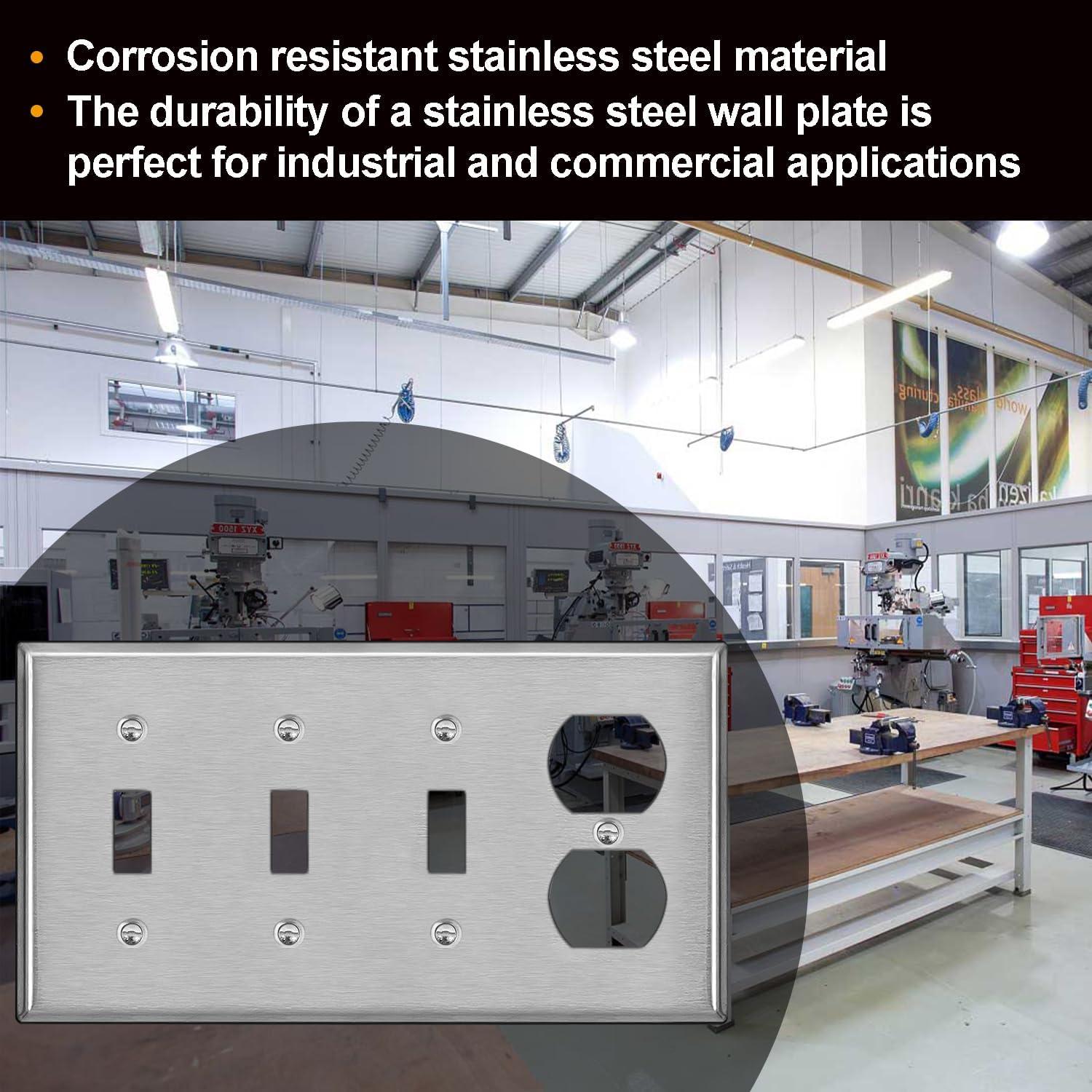 image2 Pack BESTTEN 4Gang Combo Metal Wall Plate with Protective Film 1Duplex3Toggle Standard Size CorrosionResistant Stainless Steel Outlet and Switch Cover Brushed Finish Silver