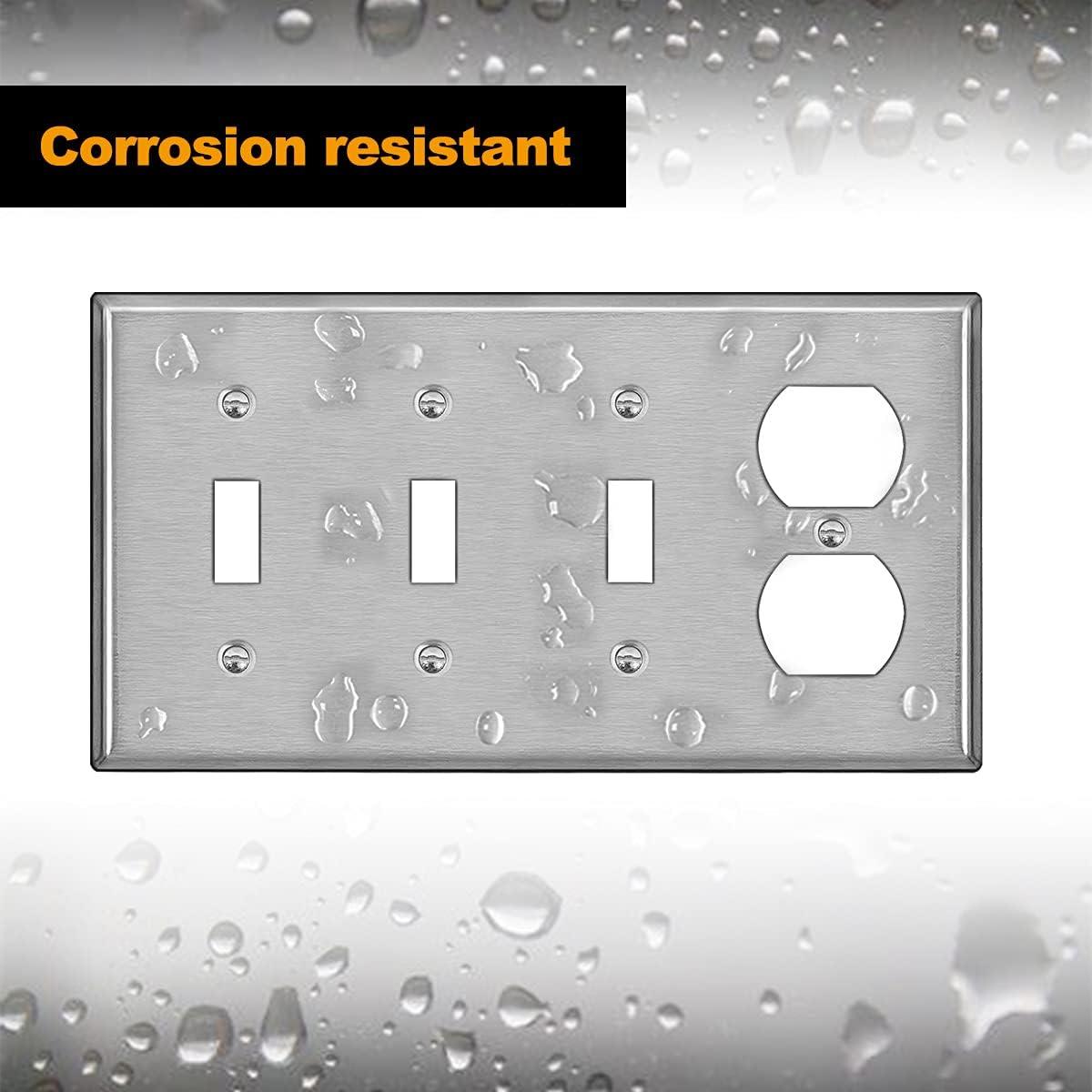 image2 Pack BESTTEN 4Gang Combo Metal Wall Plate with Protective Film 1Duplex3Toggle Standard Size CorrosionResistant Stainless Steel Outlet and Switch Cover Brushed Finish Silver