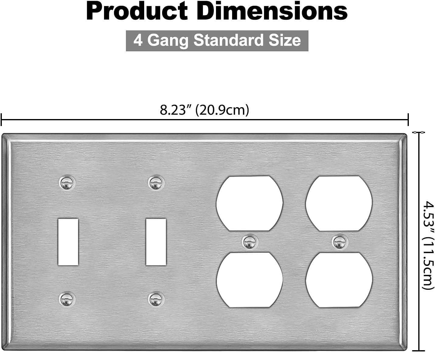 image2 Pack BESTTEN 4Gang Combo Metal Wall Plate with Protective Film 2Duplex2Toggle CorrosionResistant Stainless Steel Outlet and Switch Cover Standard Size Brushed Finish