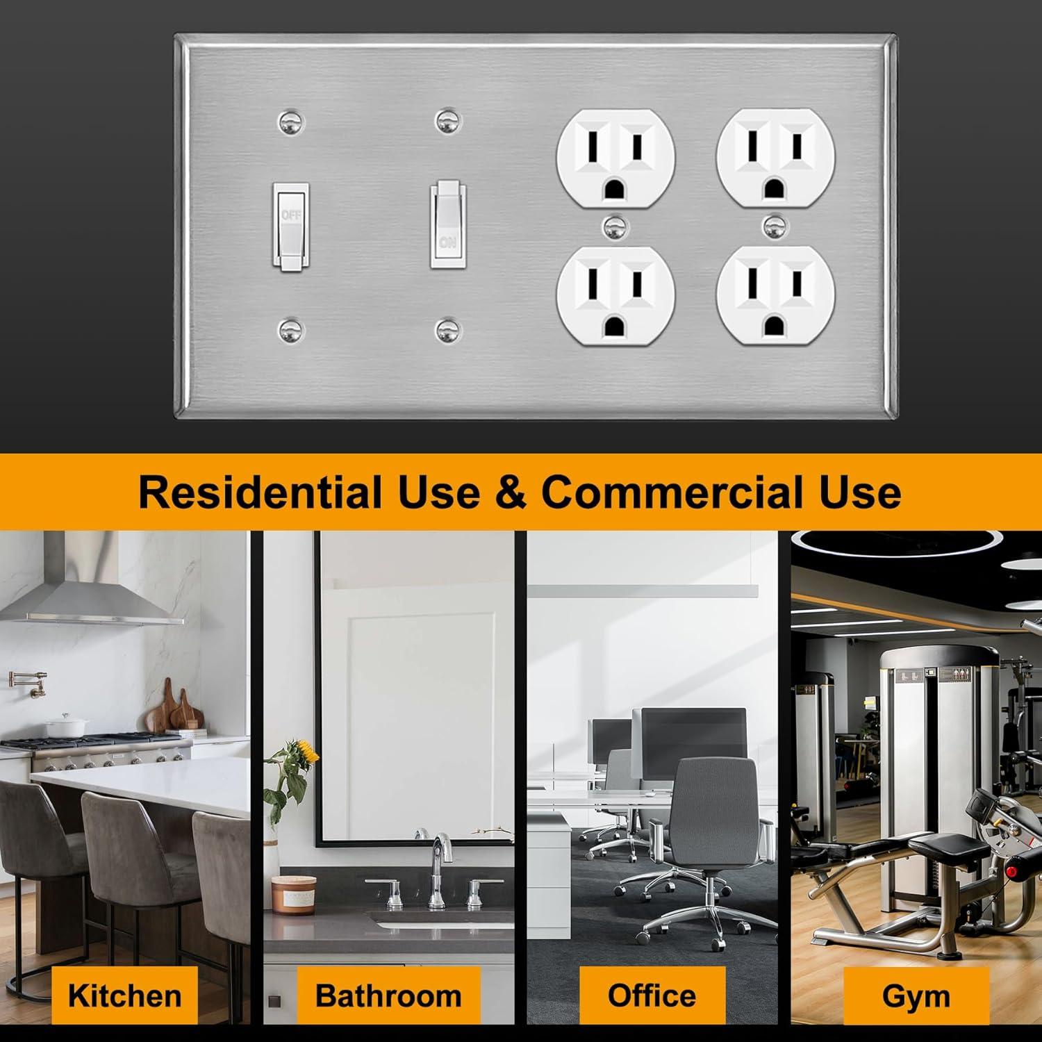 image2 Pack BESTTEN 4Gang Combo Metal Wall Plate with Protective Film 2Duplex2Toggle CorrosionResistant Stainless Steel Outlet and Switch Cover Standard Size Brushed Finish