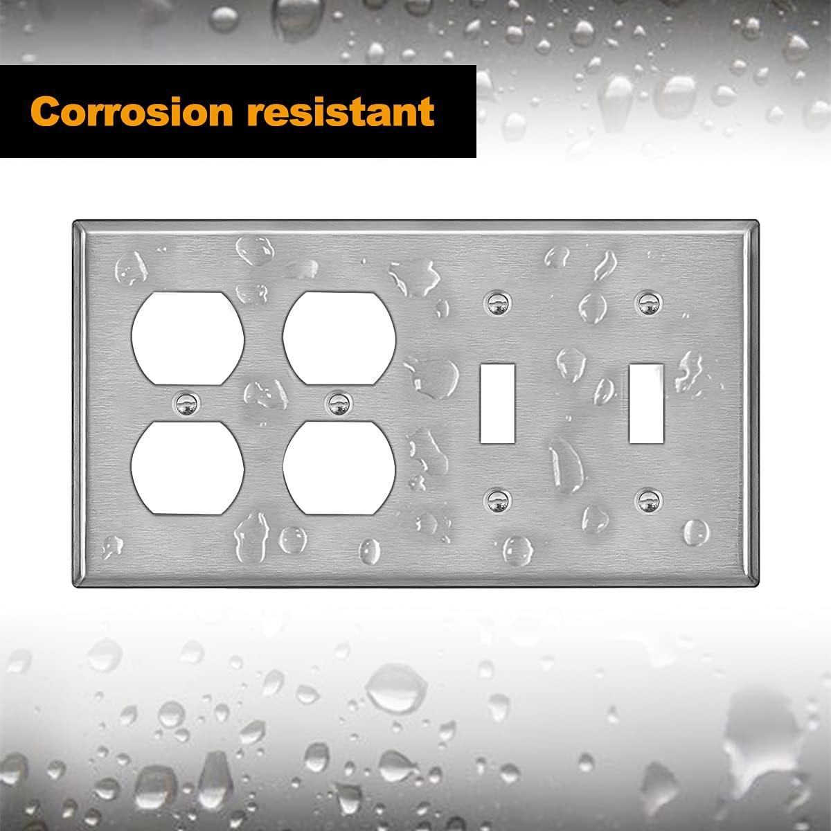 image2 Pack BESTTEN 4Gang Combo Metal Wall Plate with Protective Film 2Duplex2Toggle CorrosionResistant Stainless Steel Outlet and Switch Cover Standard Size Brushed Finish