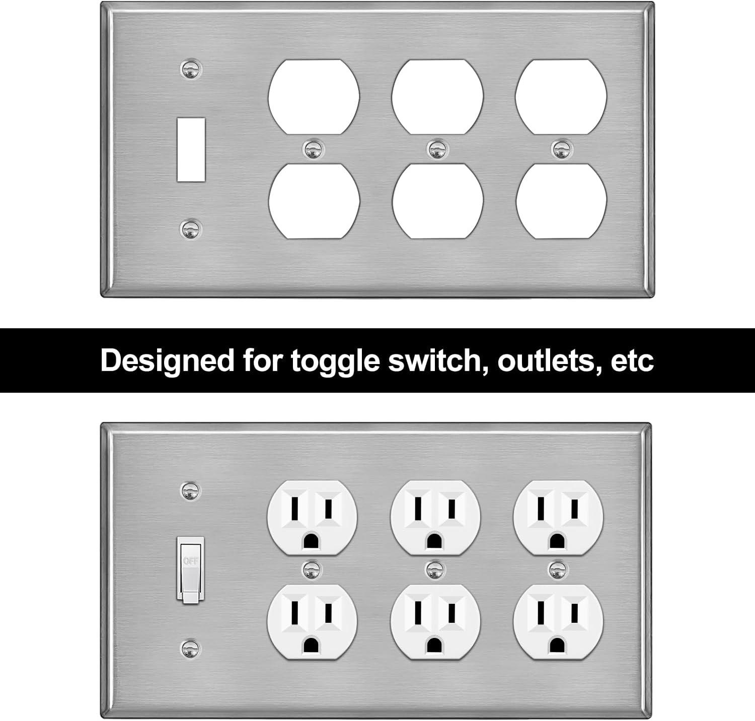 image2 Pack BESTTEN 4Gang Combo Metal Wall Plate with Protective Film 3Duplex1Toggle CorrosionResistant Stainless Steel Outlet and Switch Cover Standard Size Brushed Finish