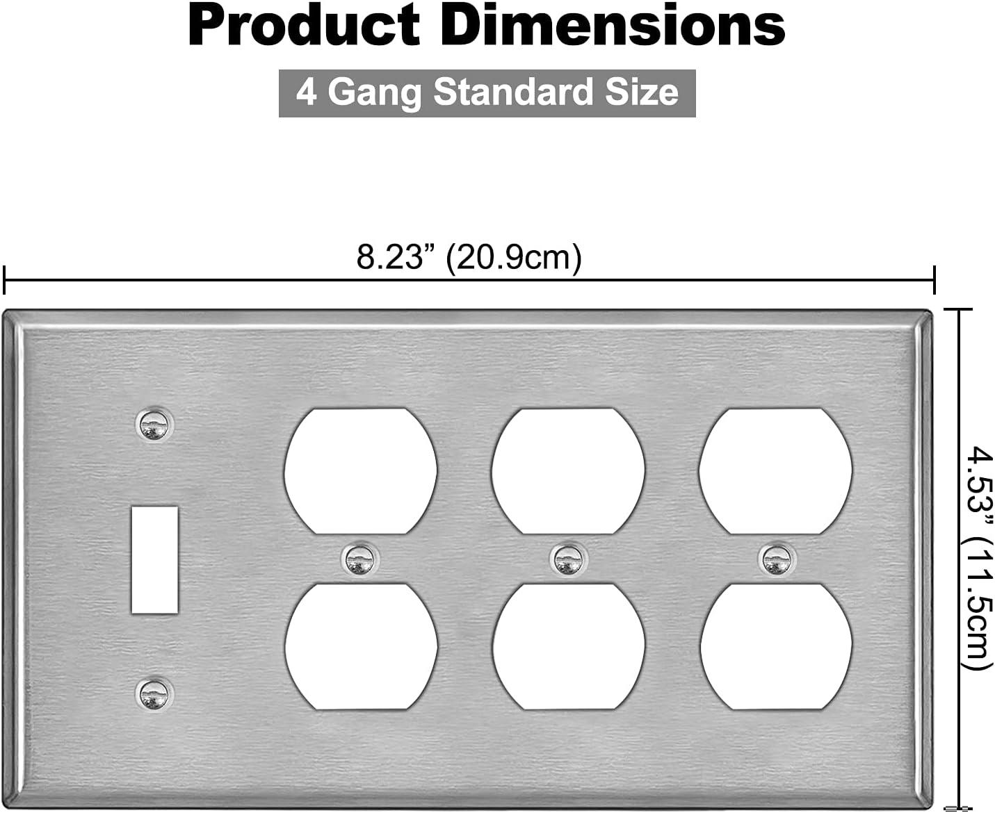 image2 Pack BESTTEN 4Gang Combo Metal Wall Plate with Protective Film 3Duplex1Toggle CorrosionResistant Stainless Steel Outlet and Switch Cover Standard Size Brushed Finish