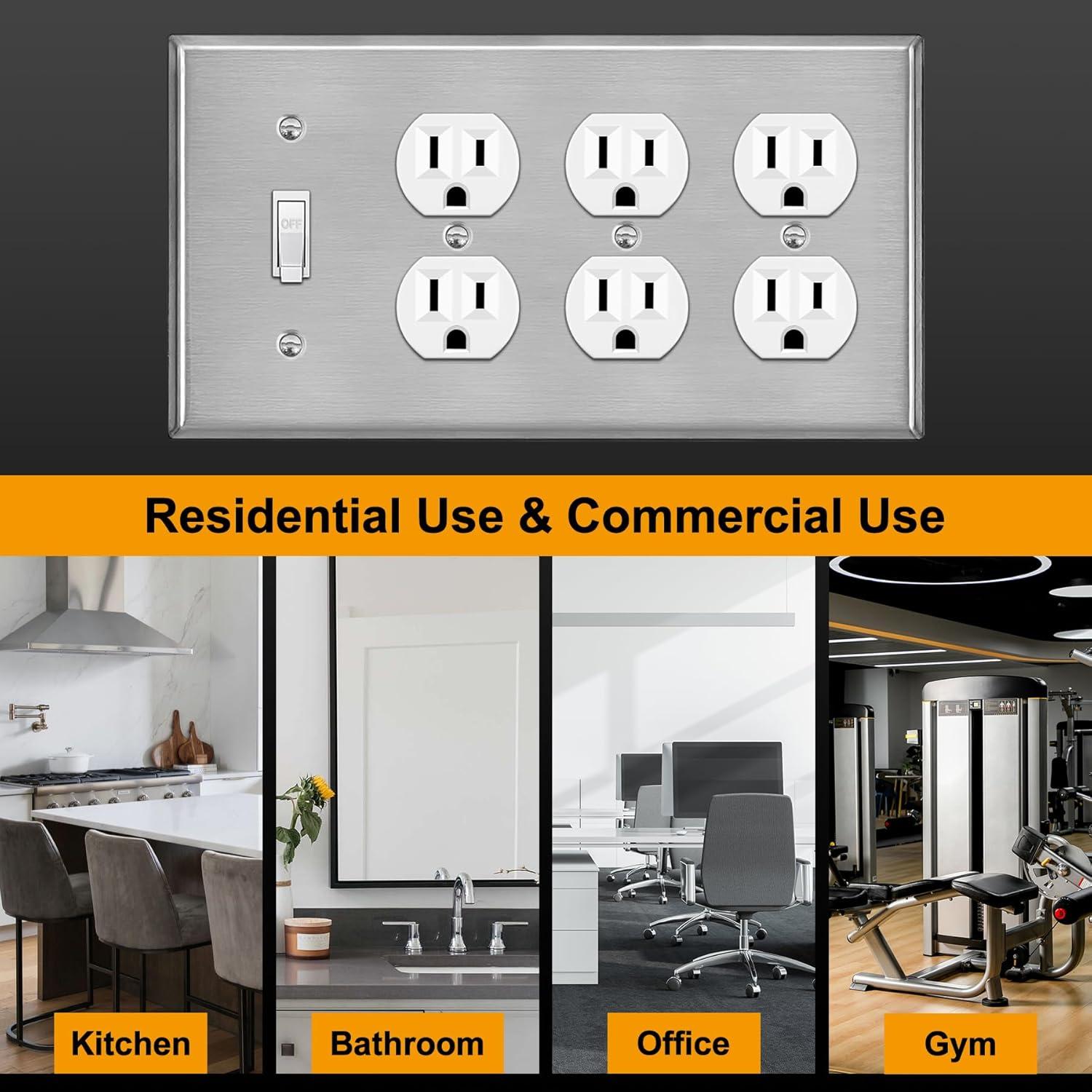 image2 Pack BESTTEN 4Gang Combo Metal Wall Plate with Protective Film 3Duplex1Toggle CorrosionResistant Stainless Steel Outlet and Switch Cover Standard Size Brushed Finish