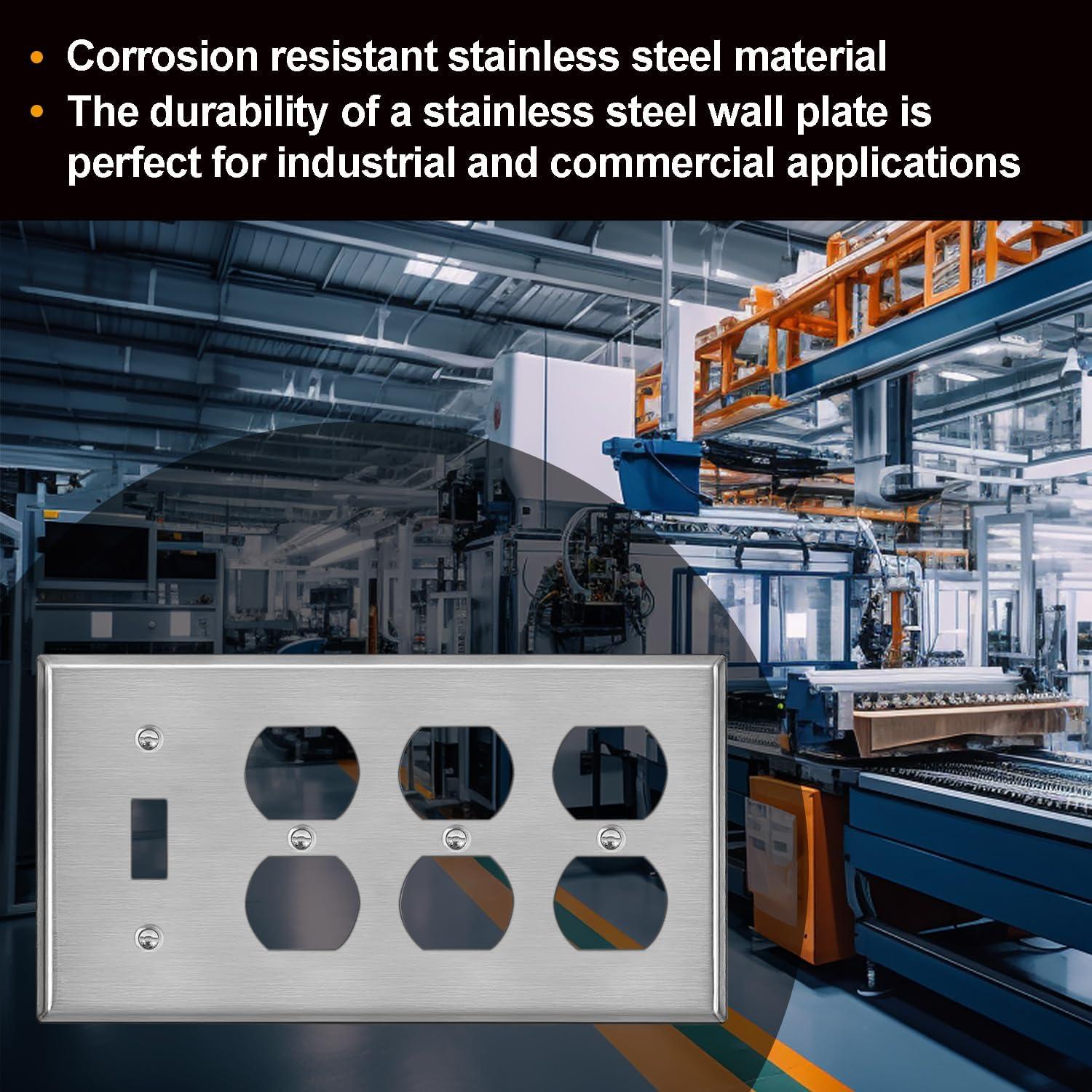 image2 Pack BESTTEN 4Gang Combo Metal Wall Plate with Protective Film 3Duplex1Toggle CorrosionResistant Stainless Steel Outlet and Switch Cover Standard Size Brushed Finish