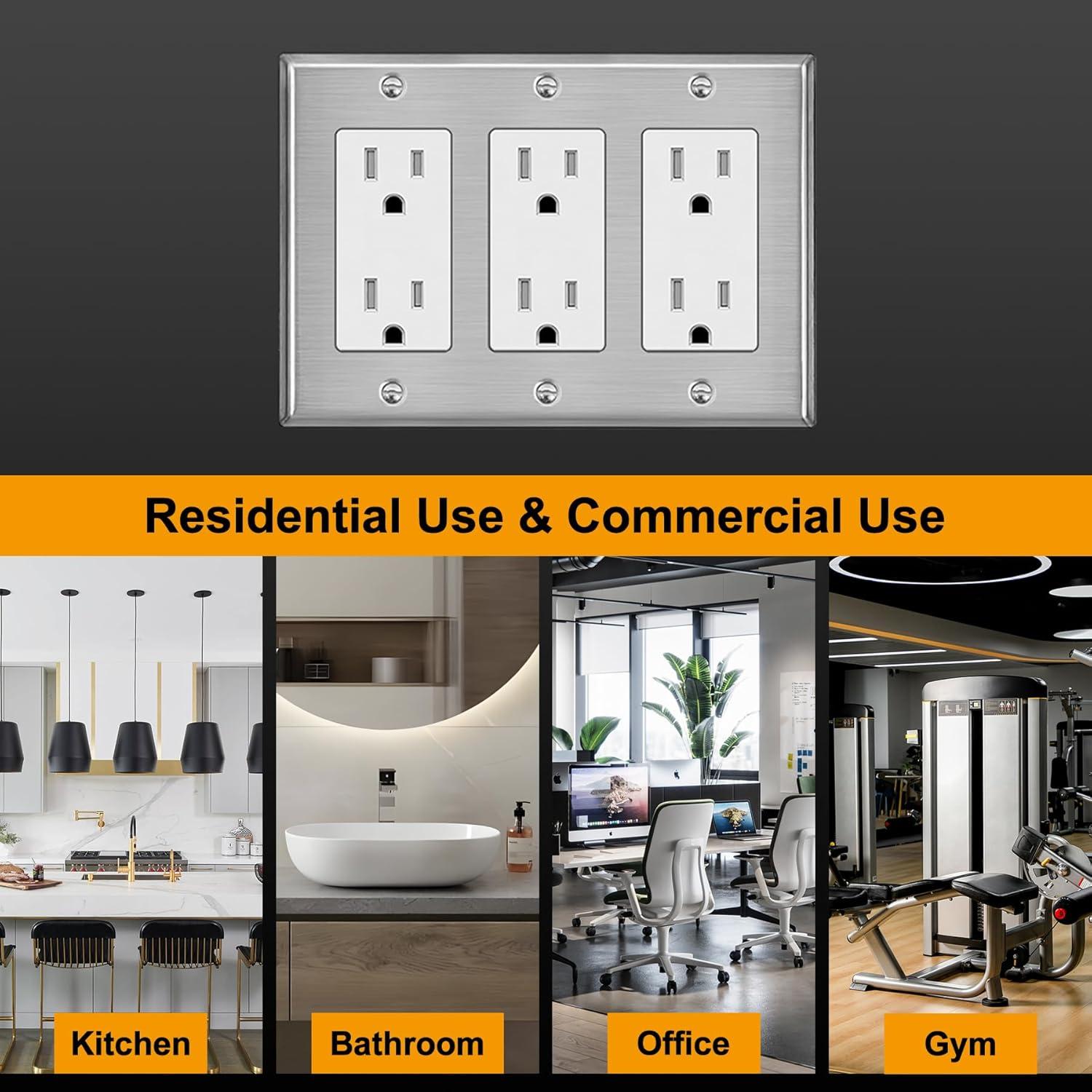 image2 Pack BESTTEN 4Gang Decor Metal Wall Plate with hite or Clear Plastic Film Stainless Steel Outlet Cover H453quot x W823quot Standard Size1 Brushed Stainless Steel