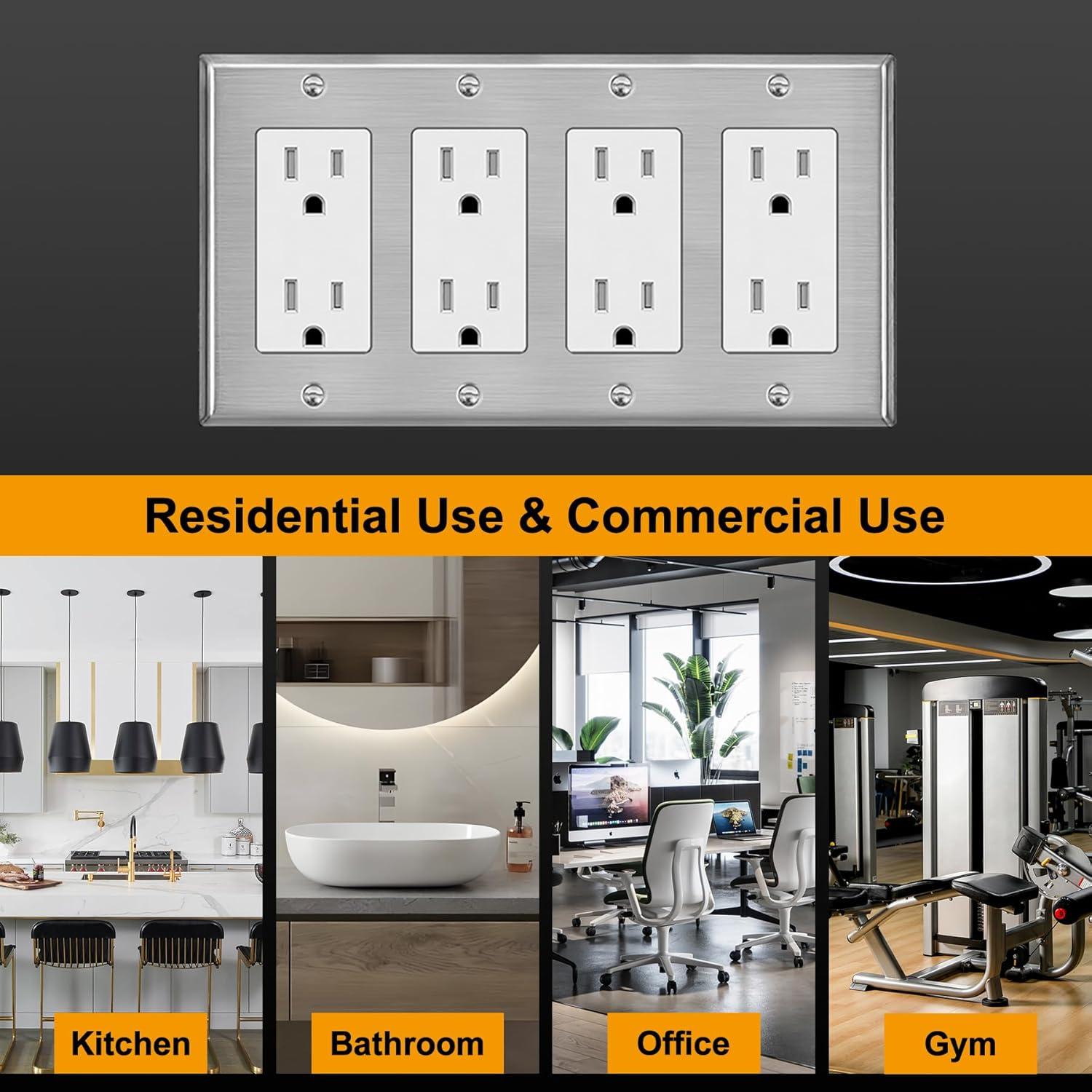 image2 Pack BESTTEN 4Gang Decor Metal Wall Plate with hite or Clear Plastic Film Stainless Steel Outlet Cover H453quot x W823quot Standard Size1 Brushed Stainless Steel