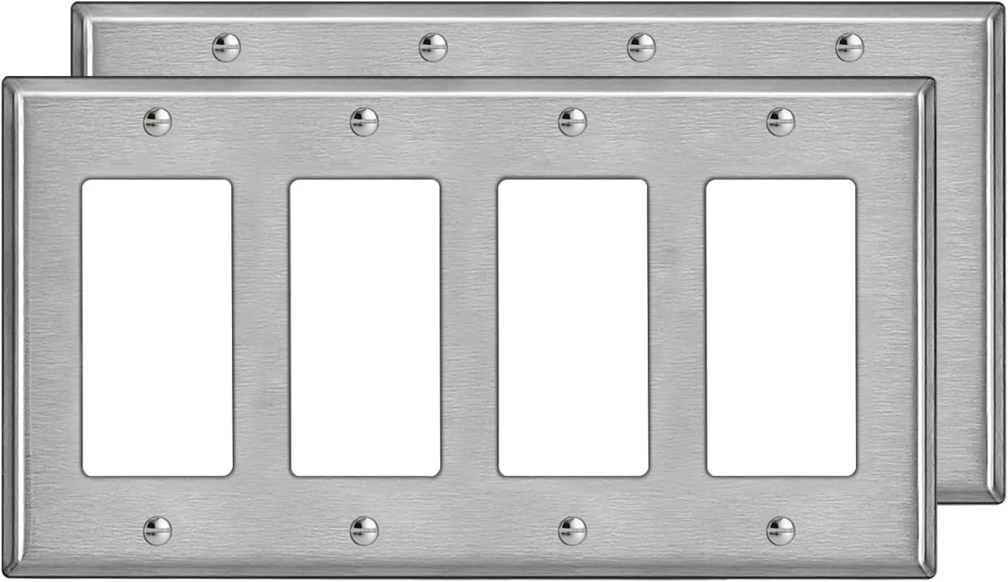 image2 Pack BESTTEN 4Gang Decor Metal Wall Plate with hite or Clear Plastic Film Stainless Steel Outlet Cover H453quot x W823quot Standard Size1 Brushed Stainless Steel