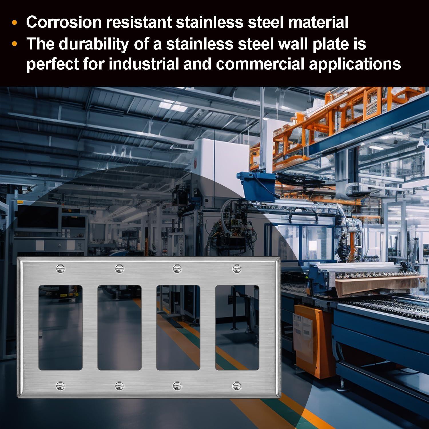 image2 Pack BESTTEN 4Gang Decor Metal Wall Plate with hite or Clear Plastic Film Stainless Steel Outlet Cover H453quot x W823quot Standard Size1 Brushed Stainless Steel