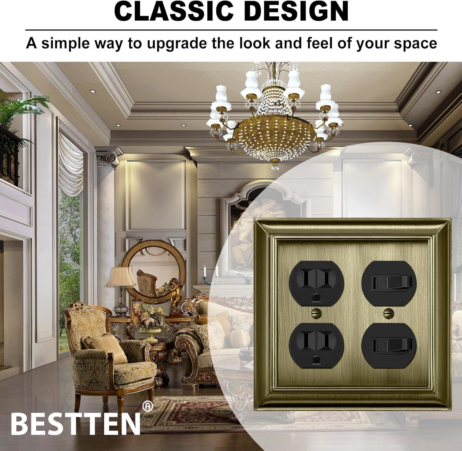 image2 Pack BESTTEN Satin Nickel Zinc Alloy 2 Gang Duplex Wall Plate Grand Collection Decorative Metal Receptacle Outlet CoverAntique Brass