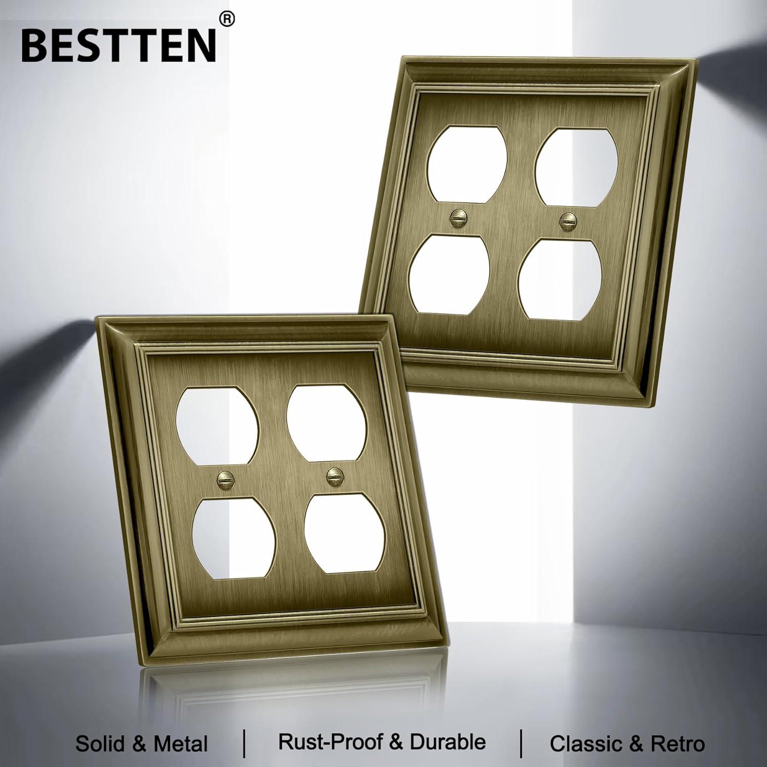 image2 Pack BESTTEN Satin Nickel Zinc Alloy 2 Gang Duplex Wall Plate Grand Collection Decorative Metal Receptacle Outlet CoverAntique Brass