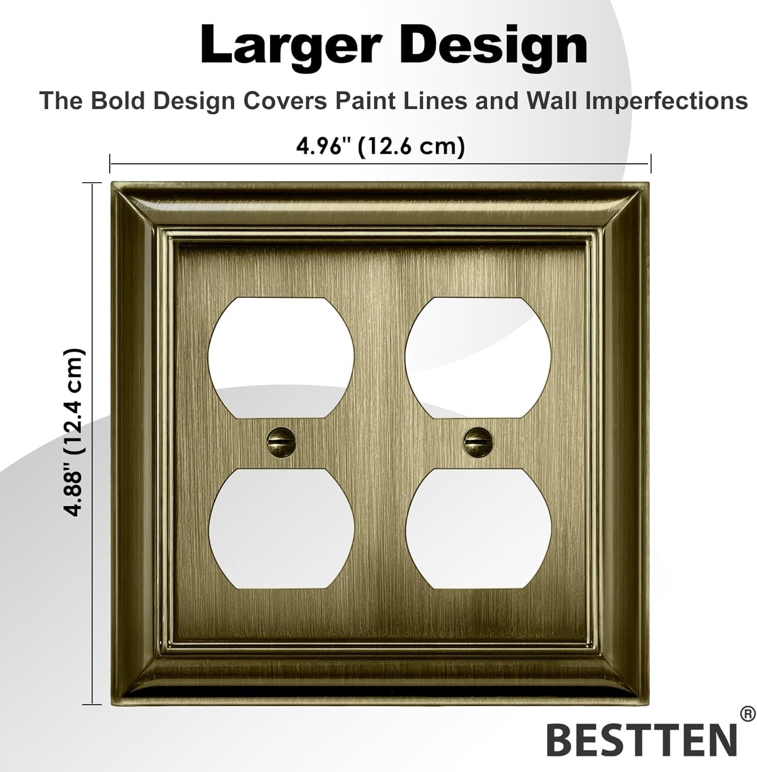 image2 Pack BESTTEN Satin Nickel Zinc Alloy 2 Gang Duplex Wall Plate Grand Collection Decorative Metal Receptacle Outlet CoverAntique Brass