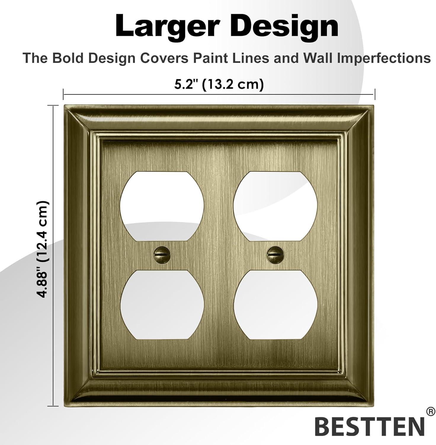 image2 Pack BESTTEN Satin Nickel Zinc Alloy 2 Gang Duplex Wall Plate Grand Collection Decorative Metal Receptacle Outlet CoverAntique Brass