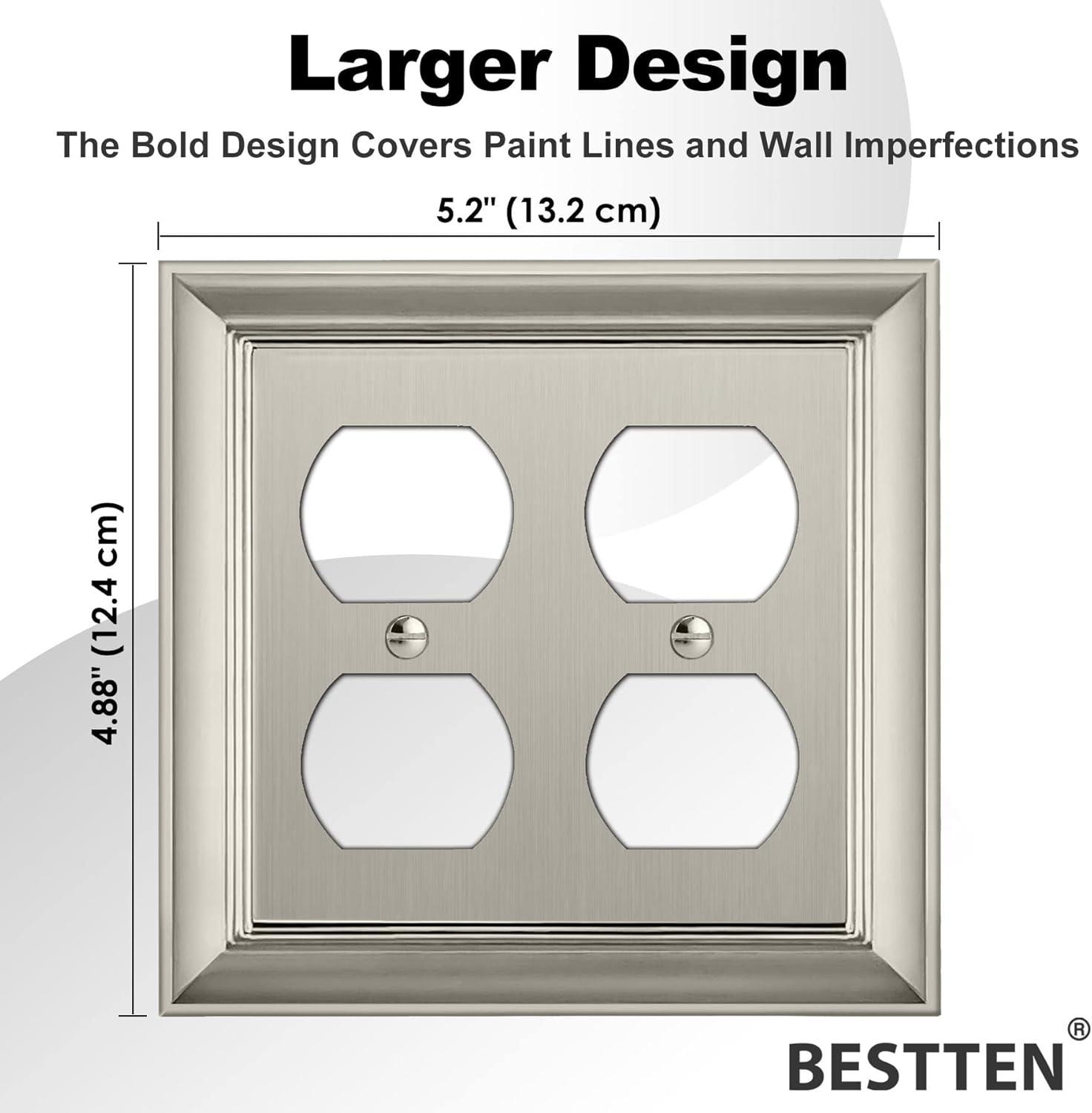 image2 Pack BESTTEN Satin Nickel Zinc Alloy 2 Gang Duplex Wall Plate Grand Collection Decorative Metal Receptacle Outlet CoverSatin Nickel