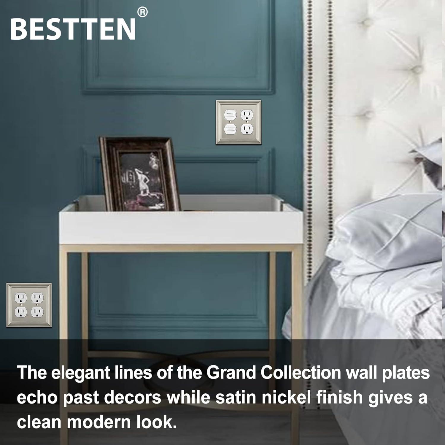 image2 Pack BESTTEN Satin Nickel Zinc Alloy 2 Gang Duplex Wall Plate Grand Collection Decorative Metal Receptacle Outlet CoverSatin Nickel