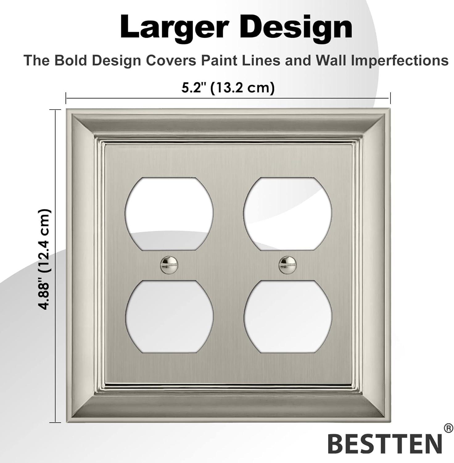 image2 Pack BESTTEN Satin Nickel Zinc Alloy 2 Gang Duplex Wall Plate Grand Collection Decorative Metal Receptacle Outlet CoverSatin Nickel