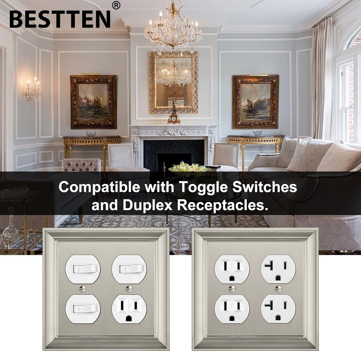 image2 Pack BESTTEN Satin Nickel Zinc Alloy 2 Gang Duplex Wall Plate Grand Collection Decorative Metal Receptacle Outlet CoverSatin Nickel