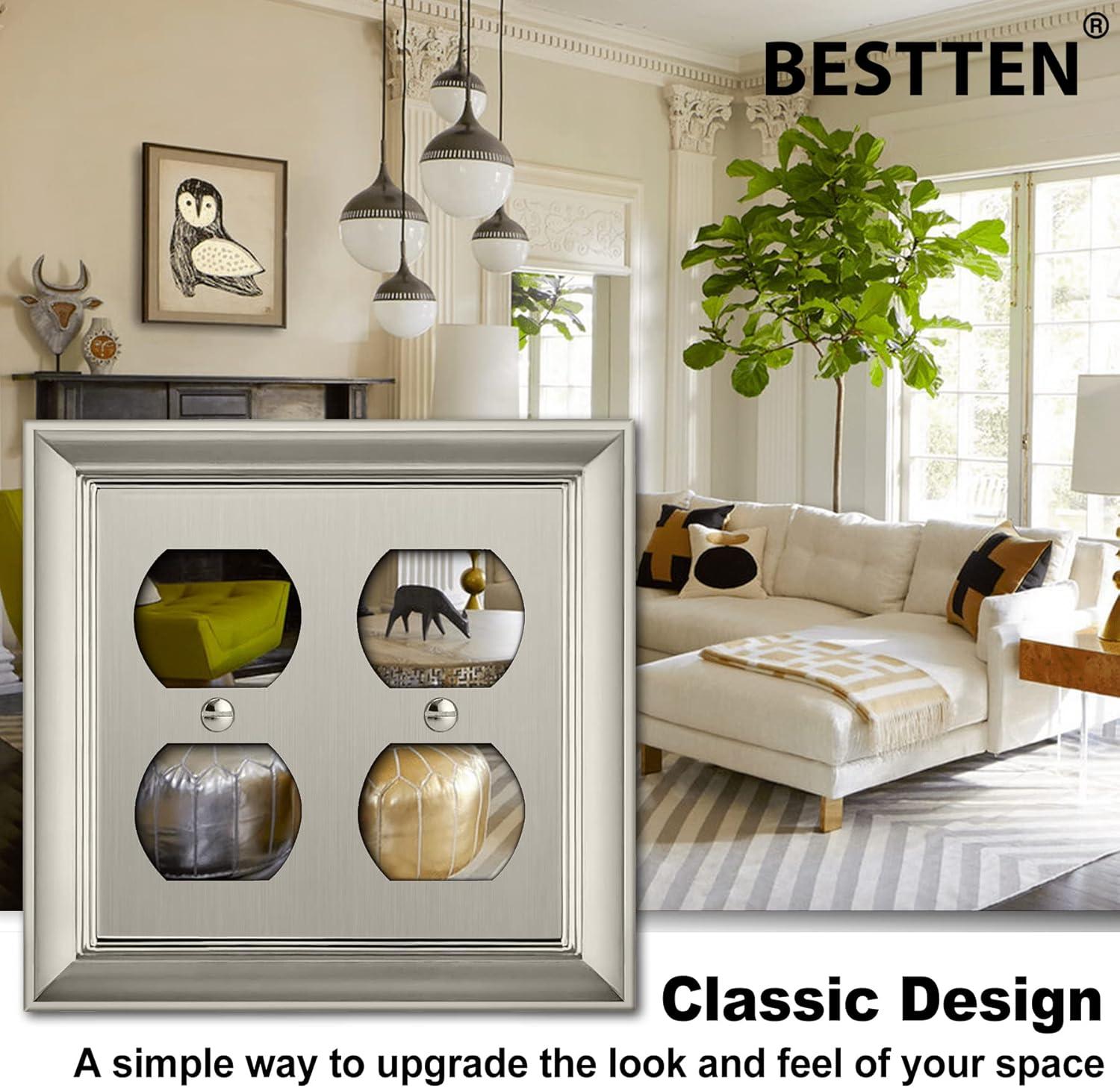 image2 Pack BESTTEN Satin Nickel Zinc Alloy 2 Gang Duplex Wall Plate Grand Collection Decorative Metal Receptacle Outlet CoverSatin Nickel