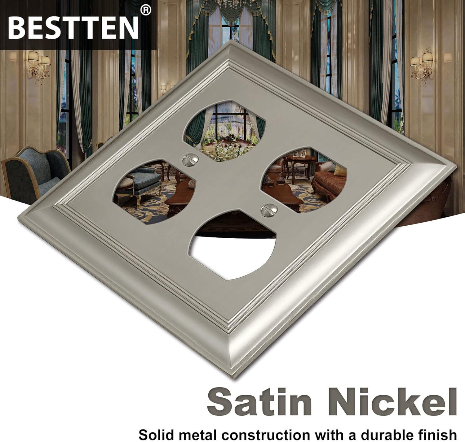 image2 Pack BESTTEN Satin Nickel Zinc Alloy 2 Gang Duplex Wall Plate Grand Collection Decorative Metal Receptacle Outlet CoverSatin Nickel