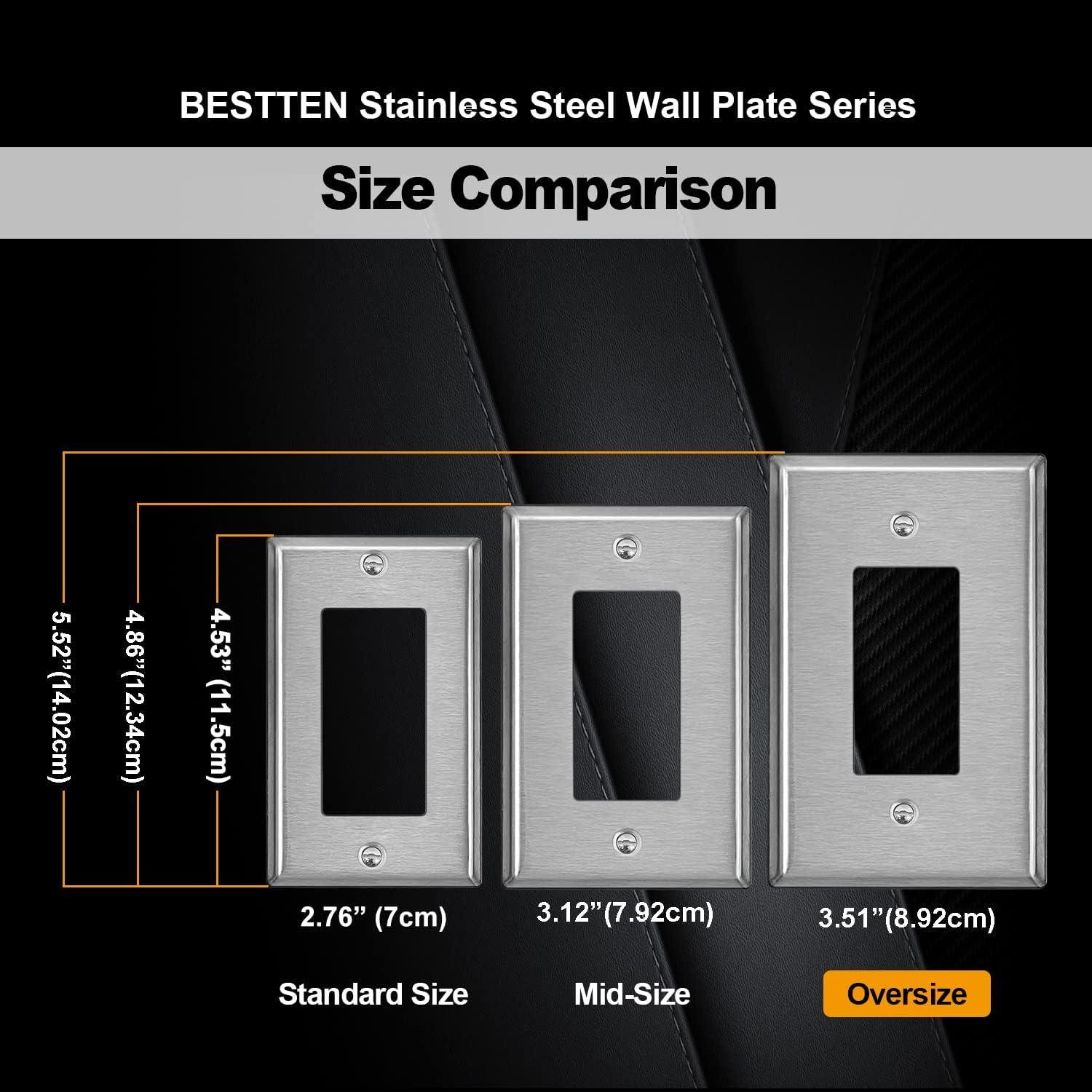 image5 Pack BESTTEN 1Gang OverSize Duplex Metal Wall Plate with Protective Film Jumbo Receptacle Outlet Cover CorrosionResistant Stainless Steel Wall Plate Brushed Finish Silver5