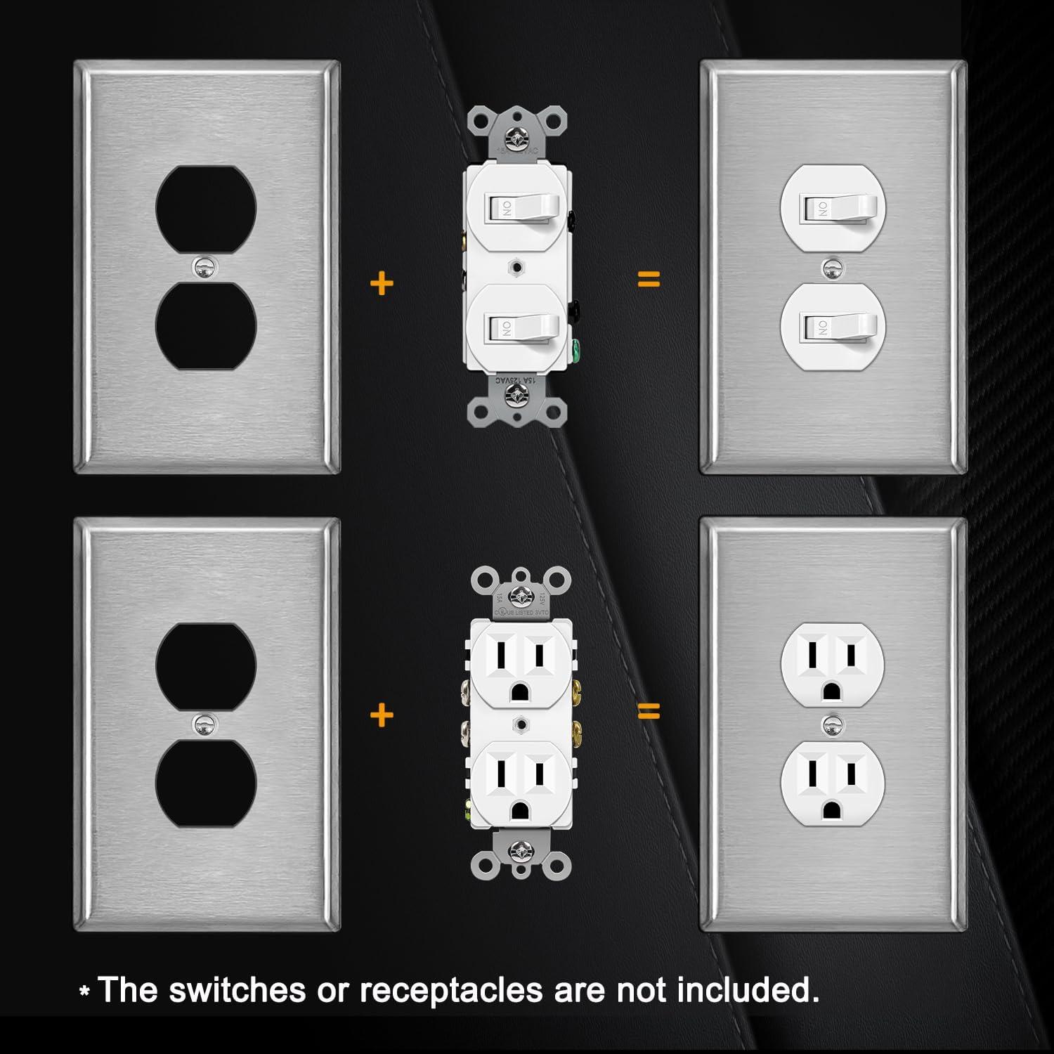 image5 Pack BESTTEN 1Gang OverSize Duplex Metal Wall Plate with Protective Film Jumbo Receptacle Outlet Cover CorrosionResistant Stainless Steel Wall Plate Brushed Finish Silver10