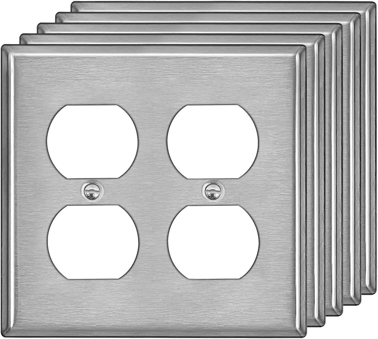 image5 Pack BESTTEN Duplex Metal Wall Plate with Protective Film 1Gang Standard Size CorrosionResistant Stainless Steel Outlet and Switch Cover Industrial Grade Brushed Finish SilverBrushed Stainless Steel