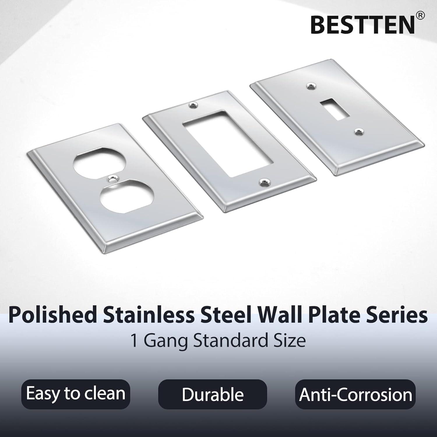 image5 Pack BESTTEN Duplex Metal Wall Plate with Protective Film 1Gang Standard Size CorrosionResistant Stainless Steel Outlet and Switch Cover Industrial Grade Brushed Finish SilverPolished Stainless Steel