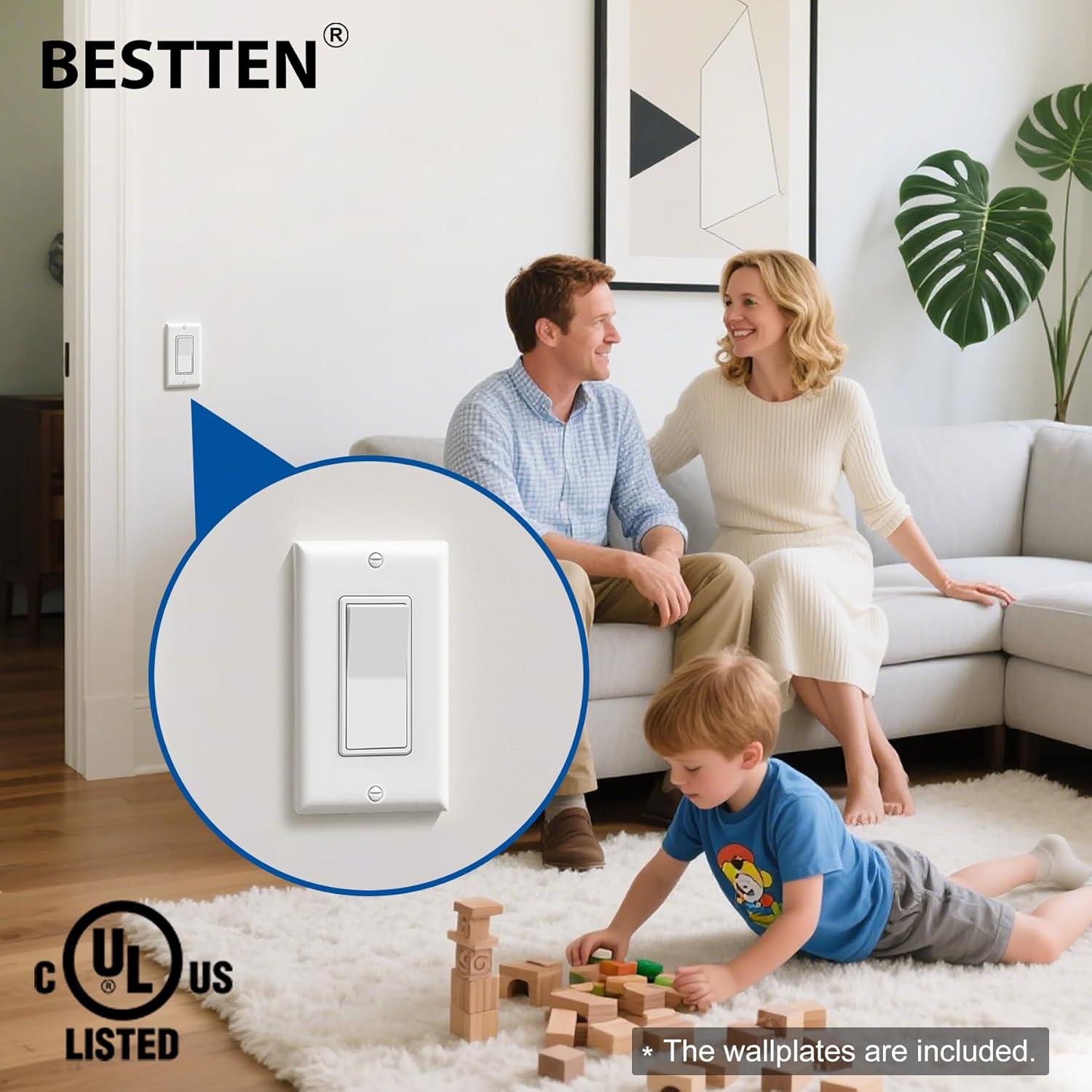 image50 Pack BESTTEN Single Pole Decorator Wall Light Switch with Wallplate 15A 120277V OnOff Rocker Paddle Interrupter UL Listed White3 Way