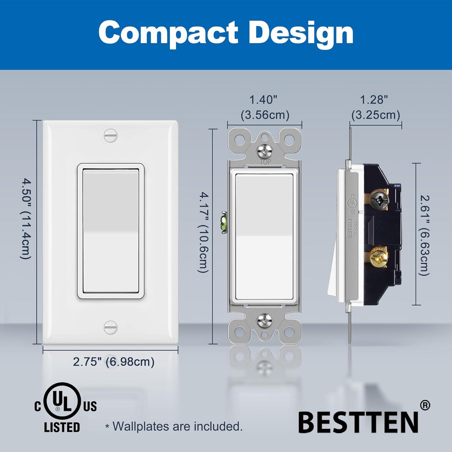 image50 Pack BESTTEN Single Pole Decorator Wall Light Switch with Wallplate 15A 120277V OnOff Rocker Paddle Interrupter UL Listed White3 Way
