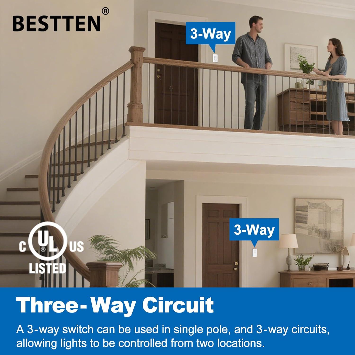 image50 Pack BESTTEN Single Pole Decorator Wall Light Switch with Wallplate 15A 120277V OnOff Rocker Paddle Interrupter UL Listed White3 Way