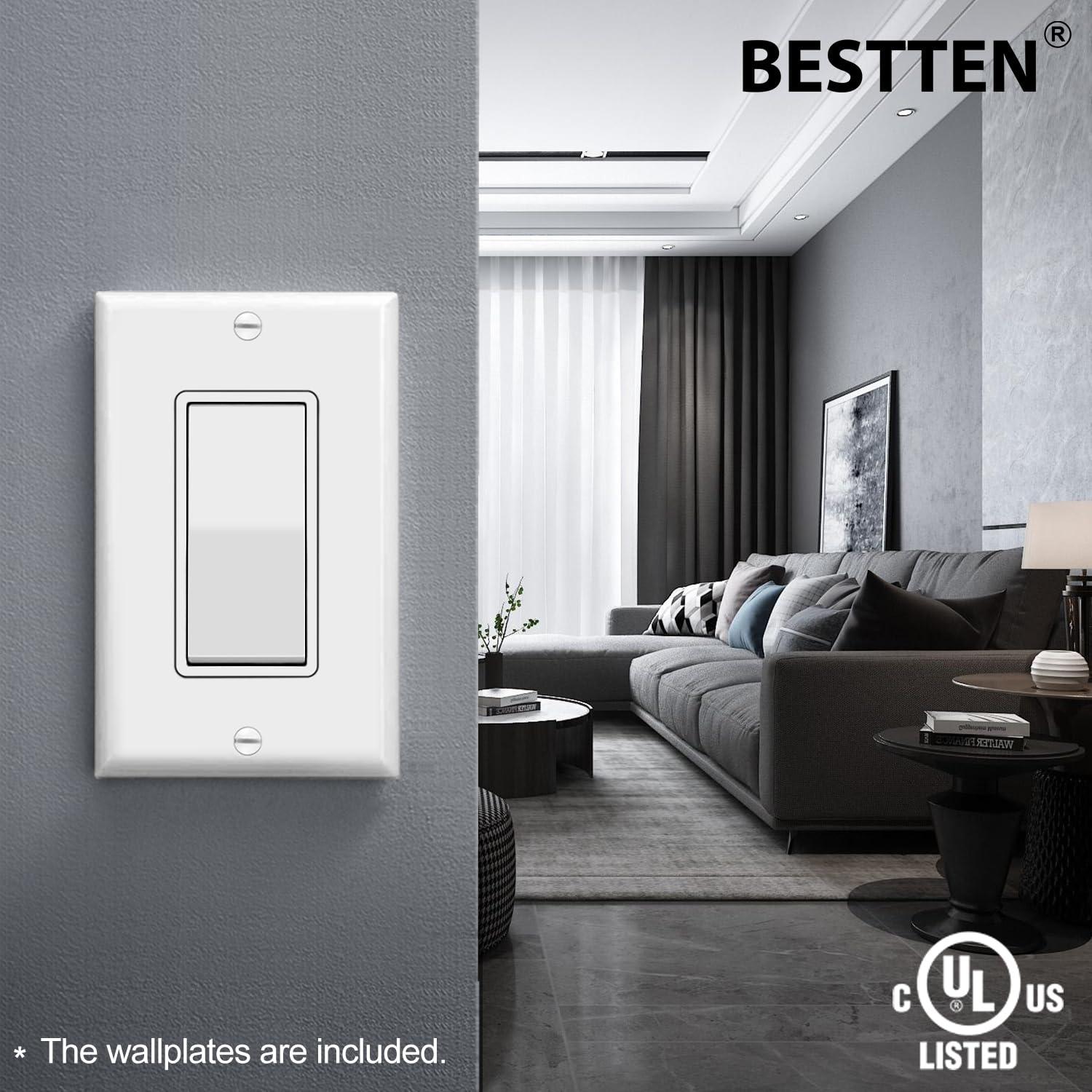 image50 Pack BESTTEN Single Pole Decorator Wall Light Switch with Wallplate 15A 120277V OnOff Rocker Paddle Interrupter UL Listed WhiteSingle Pole