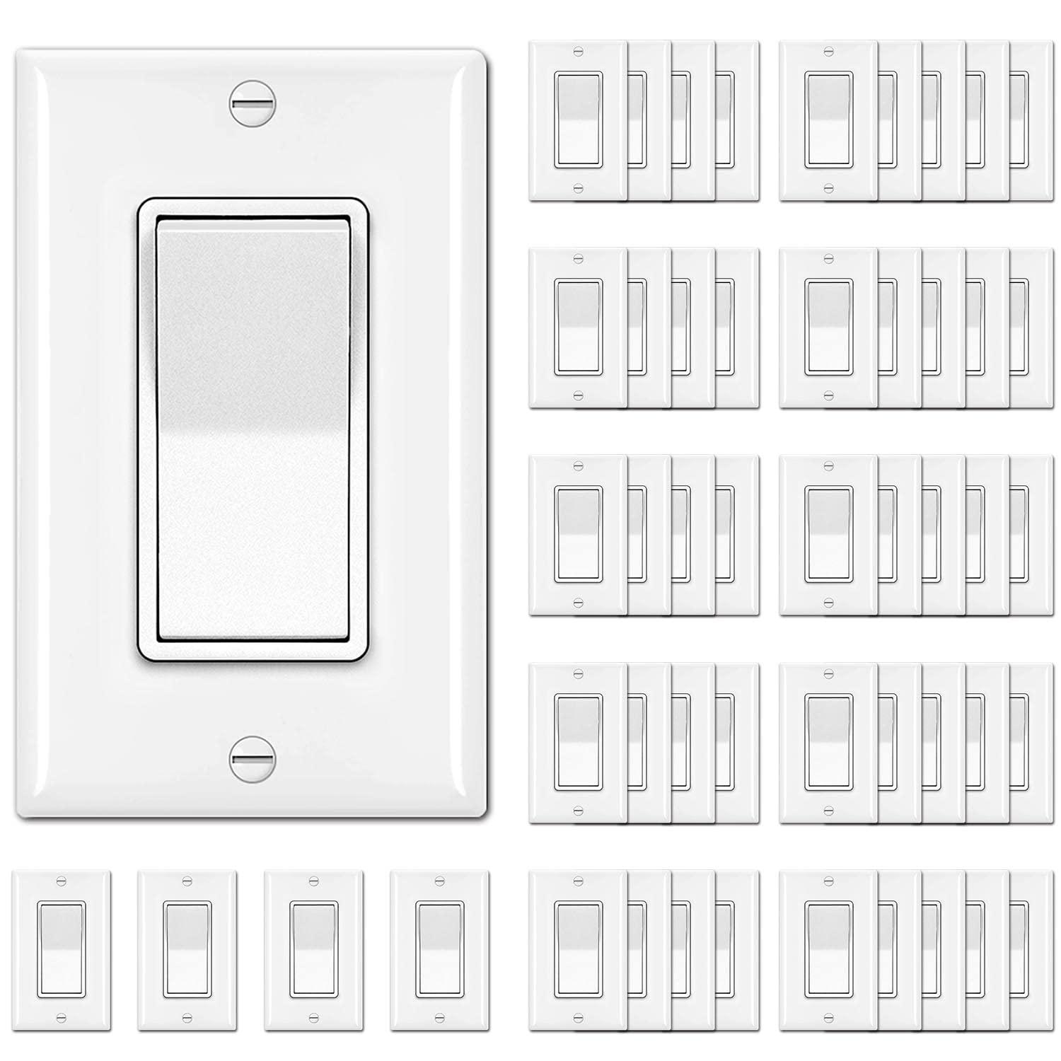 image50 Pack BESTTEN Single Pole Decorator Wall Light Switch with Wallplate 15A 120277V OnOff Rocker Paddle Interrupter UL Listed WhiteSingle Pole