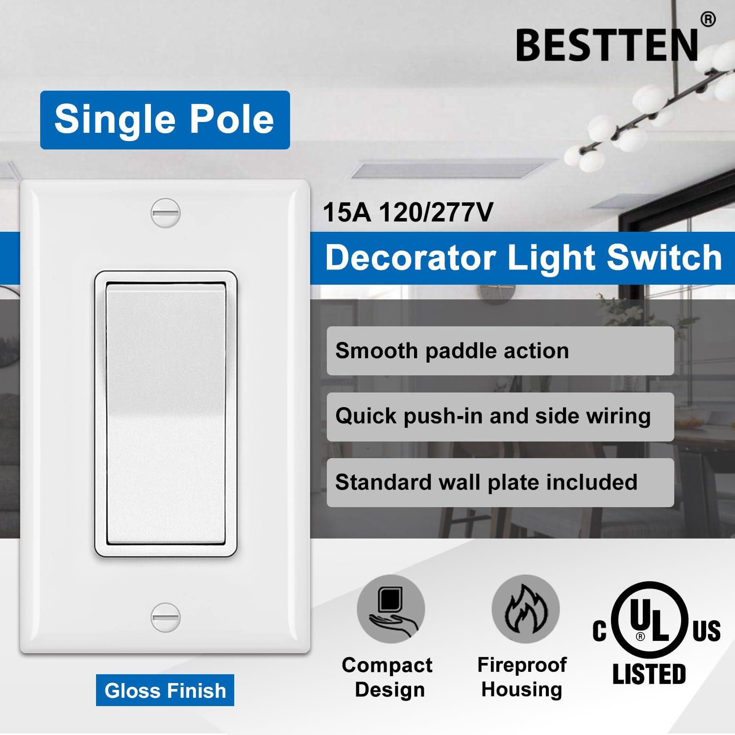 image50 Pack BESTTEN Single Pole Decorator Wall Light Switch with Wallplate 15A 120277V OnOff Rocker Paddle Interrupter UL Listed WhiteSingle Pole