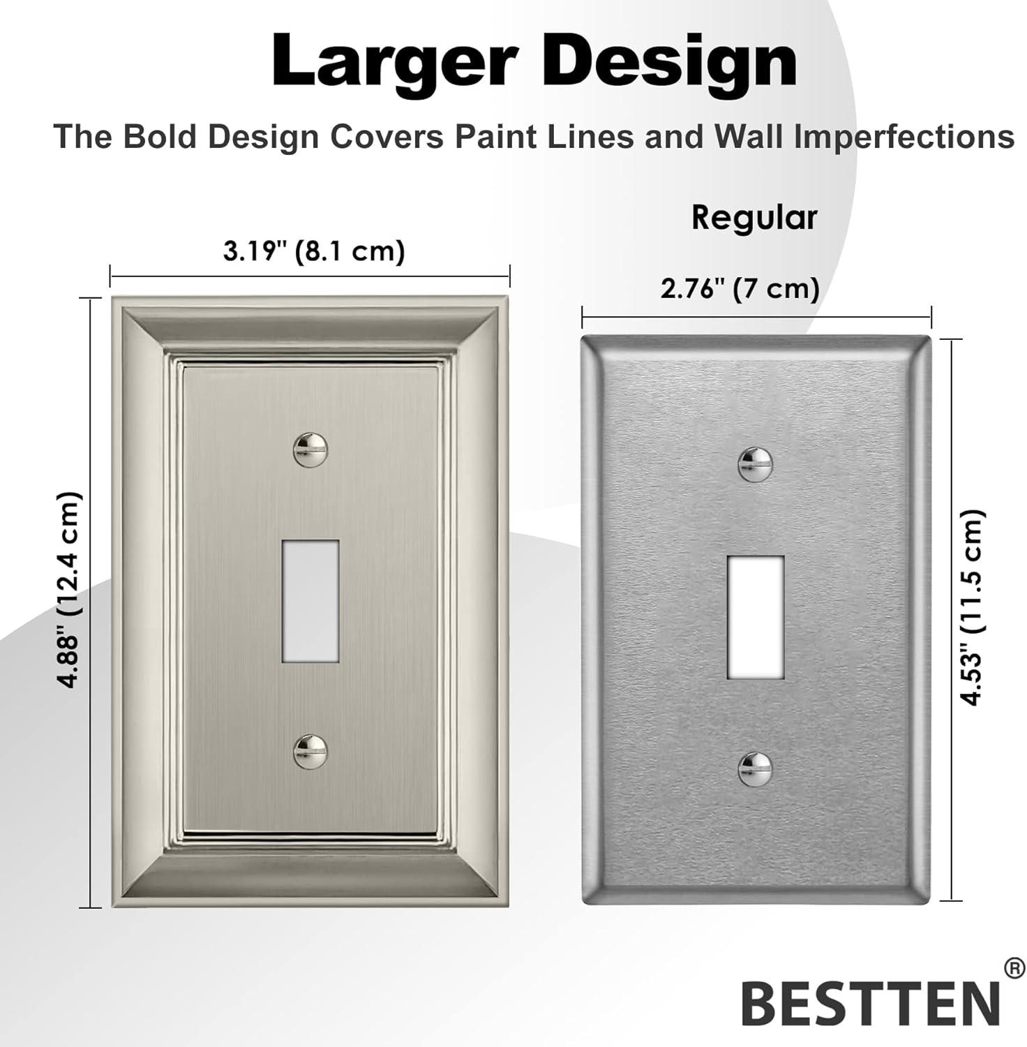imageBESTTEN 1 Gang Toggle Light Switch Cover Plate 4 Pack Zinc Alloy Grand Collection Toggle Switch Wall Plate Oiled Bronze Corrosion ResistantSatin Nickel