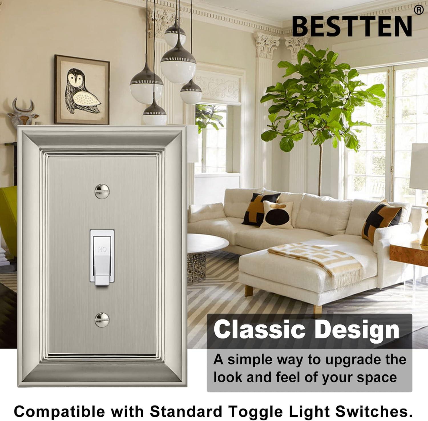 imageBESTTEN 1 Gang Toggle Light Switch Cover Plate 4 Pack Zinc Alloy Grand Collection Toggle Switch Wall Plate Oiled Bronze Corrosion ResistantSatin Nickel