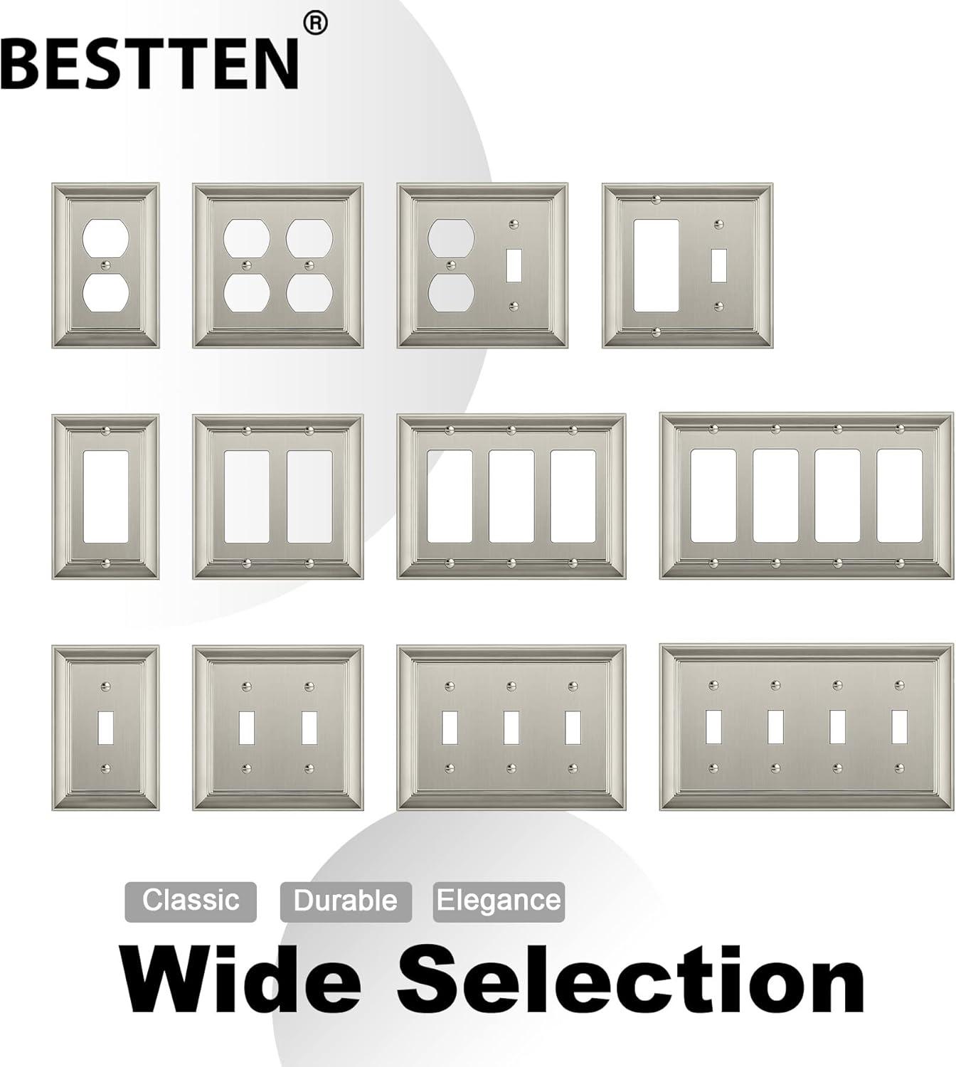 imageBESTTEN 1 Gang Toggle Light Switch Cover Plate 4 Pack Zinc Alloy Grand Collection Toggle Switch Wall Plate Oiled Bronze Corrosion ResistantSatin Nickel