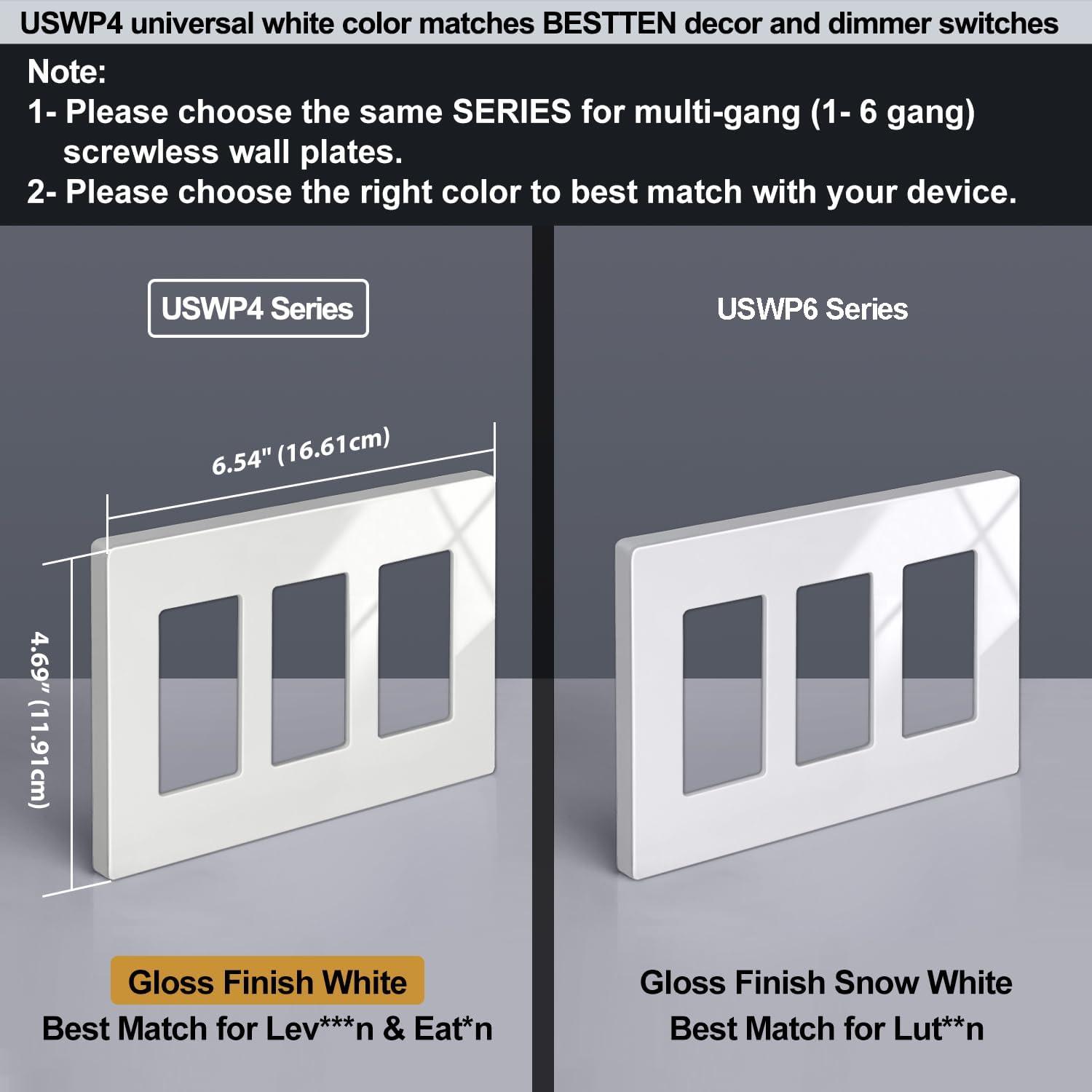 imageBESTTEN 1 Pack 1 Gang Screwless Decorative Wall Plate USWP4 Glossy Off White Decorator Outlet Cover for Light Switch Dimmer GFCI USB Receptacle H469 x W291Standard Size Off White