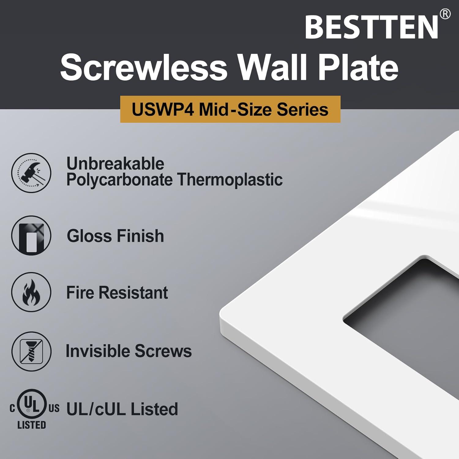 imageBESTTEN 1 Pack 1 Gang Screwless Decorative Wall Plate USWP4 Glossy Off White Decorator Outlet Cover for Light Switch Dimmer GFCI USB Receptacle H469 x W291Mid Size Off White