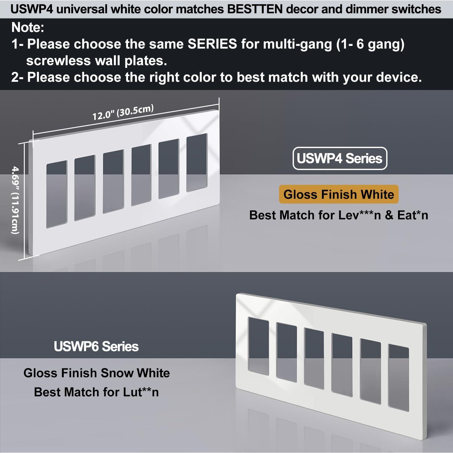 imageBESTTEN 1 Pack 1 Gang Screwless Decorative Wall Plate USWP4 Glossy Off White Decorator Outlet Cover for Light Switch Dimmer GFCI USB Receptacle H469 x W291Standard Size Off White