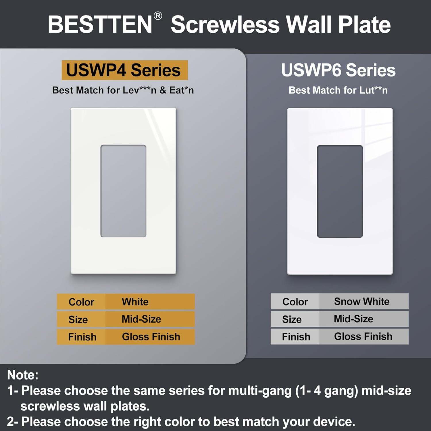 imageBESTTEN 1 Pack 1 Gang Screwless Decorative Wall Plate USWP4 Glossy Off White Decorator Outlet Cover for Light Switch Dimmer GFCI USB Receptacle H469 x W291Mid Size Off White