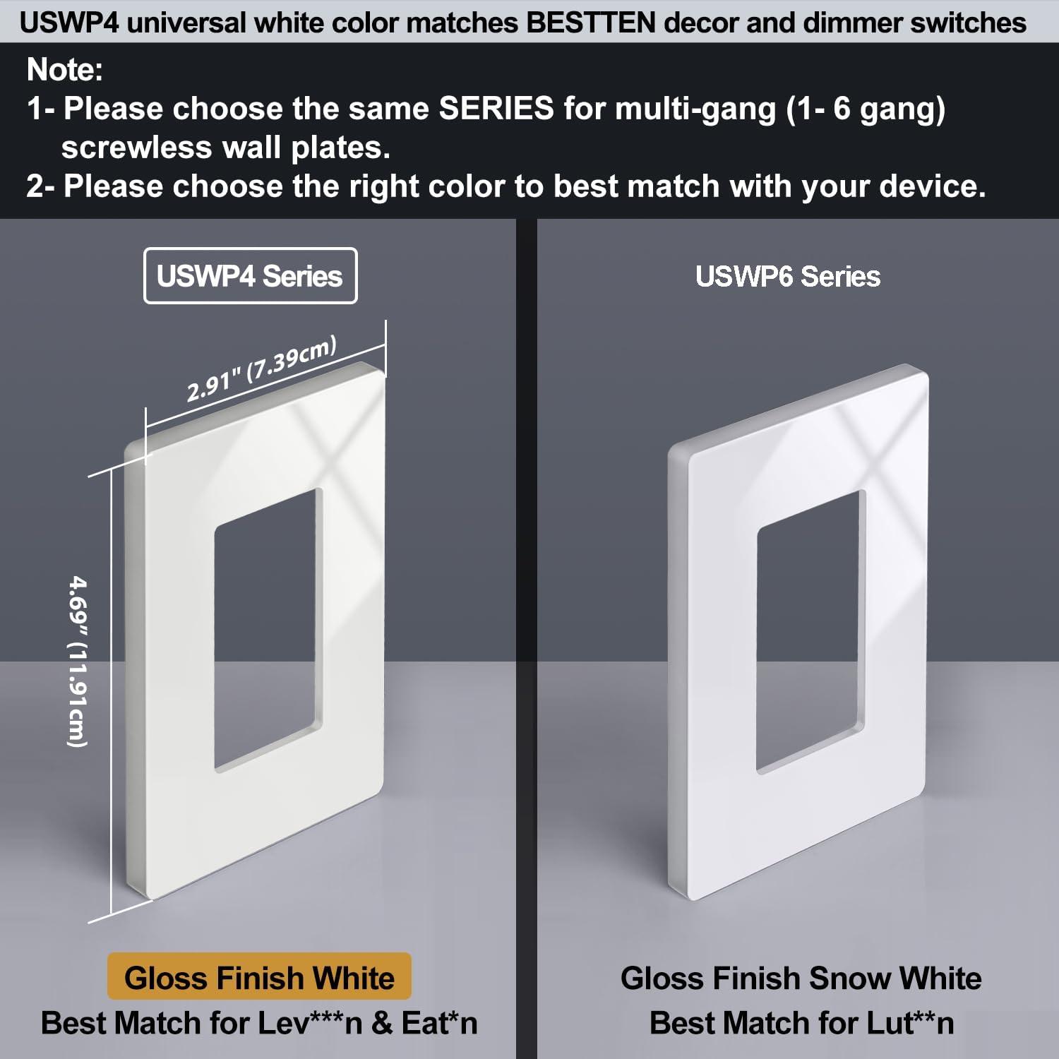 imageBESTTEN 1 Pack 1 Gang Screwless Decorative Wall Plate USWP4 Glossy Off White Decorator Outlet Cover for Light Switch Dimmer GFCI USB Receptacle H469 x W291Standard Size Off White