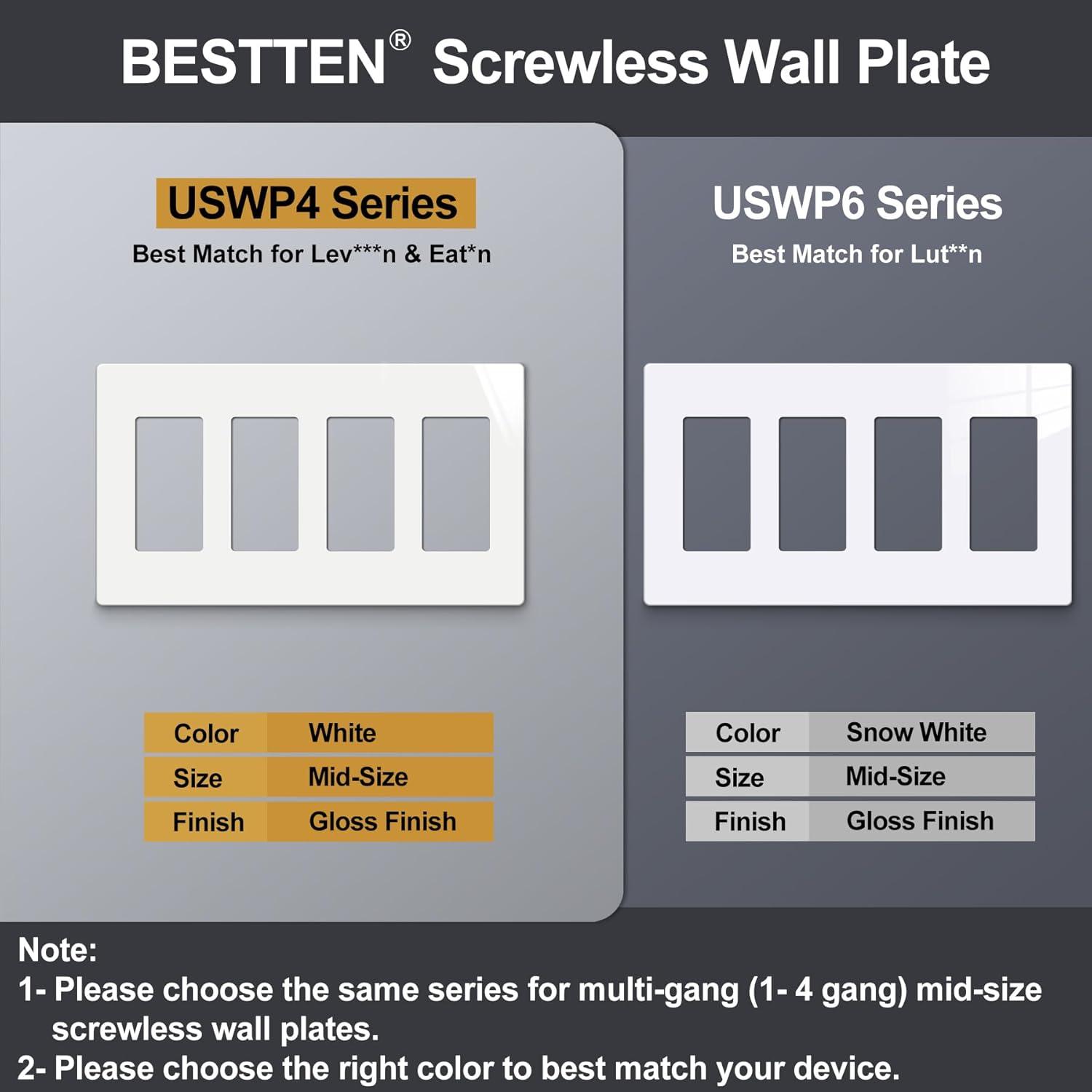 imageBESTTEN 1 Pack 1 Gang Screwless Decorative Wall Plate USWP4 Glossy Off White Decorator Outlet Cover for Light Switch Dimmer GFCI USB Receptacle H469 x W291Mid Size Off White