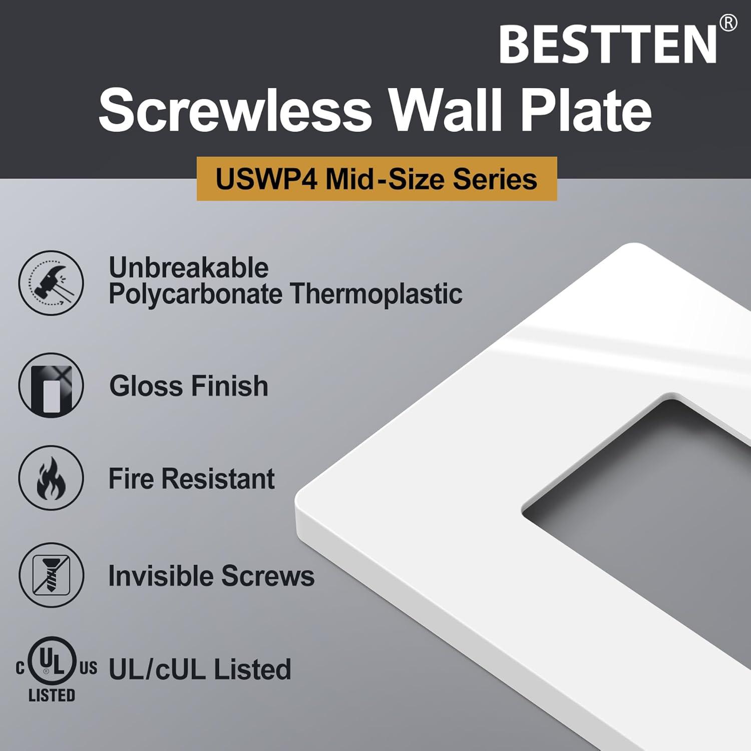 imageBESTTEN 1 Pack 1 Gang Screwless Decorative Wall Plate USWP4 Glossy Off White Decorator Outlet Cover for Light Switch Dimmer GFCI USB Receptacle H469 x W291Mid Size Off White