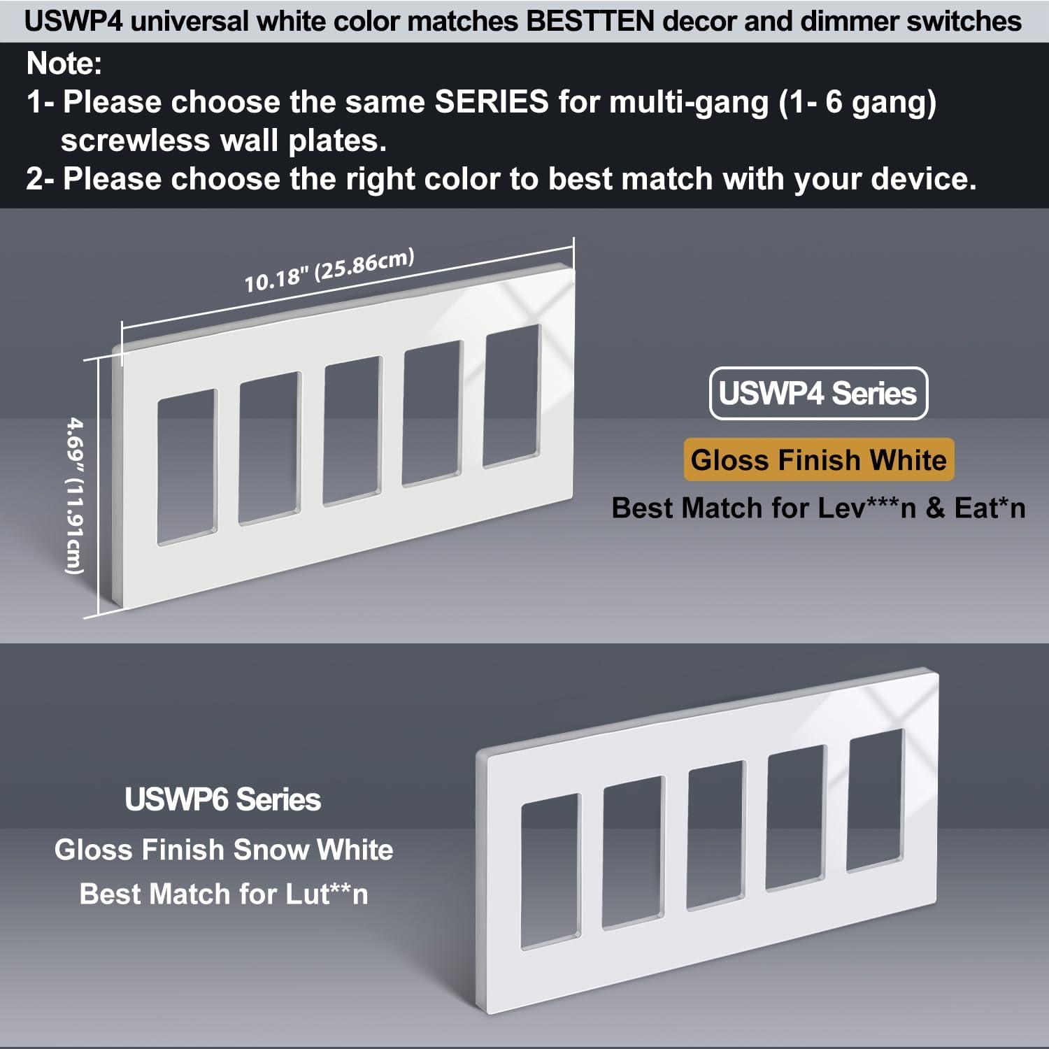 imageBESTTEN 1 Pack 1 Gang Screwless Decorative Wall Plate USWP4 Glossy Off White Decorator Outlet Cover for Light Switch Dimmer GFCI USB Receptacle H469 x W291Standard Size Off White
